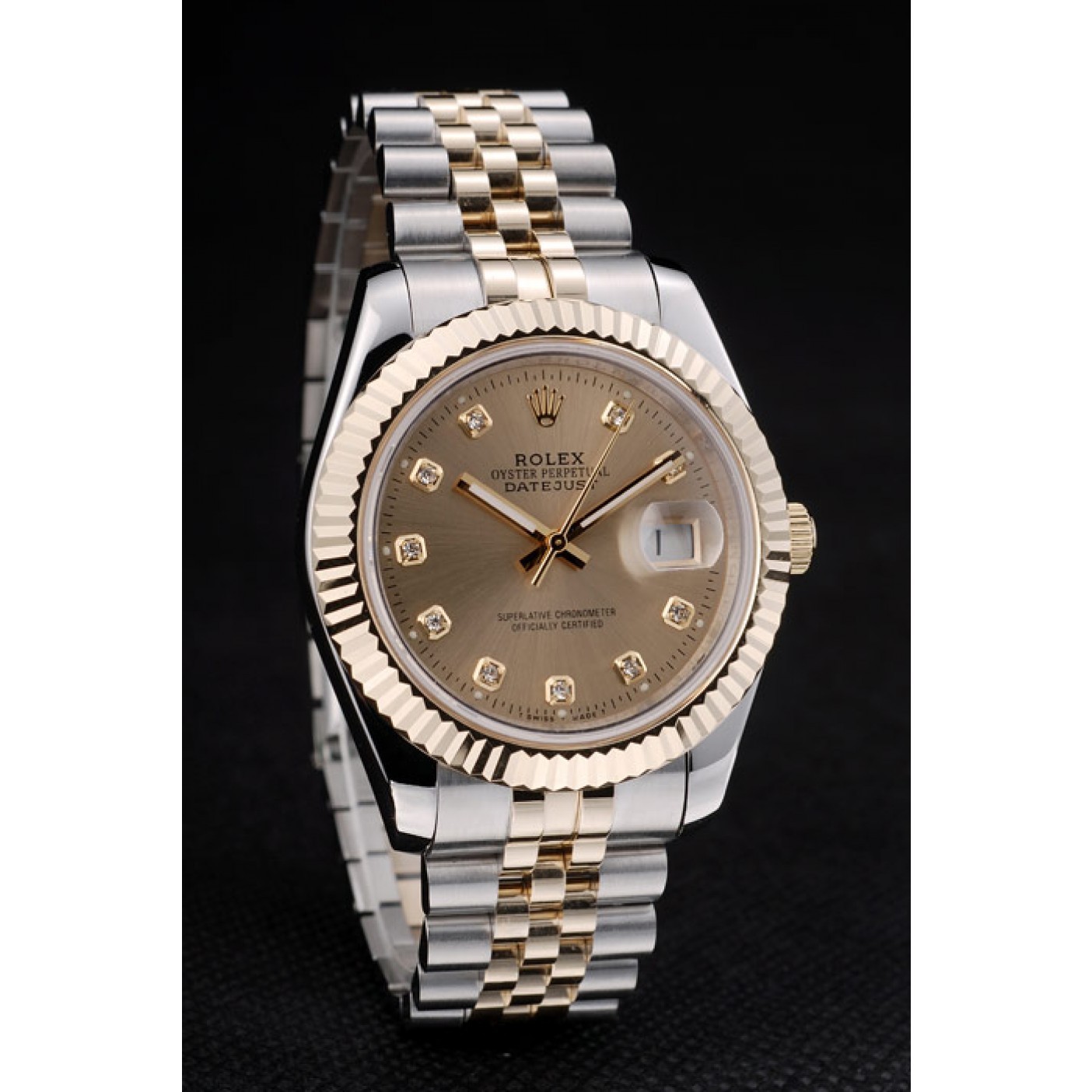 RepTime Watches Rolex DateJust Gold Stainless Steel Ribbed Bezel Goldish Dial 41978