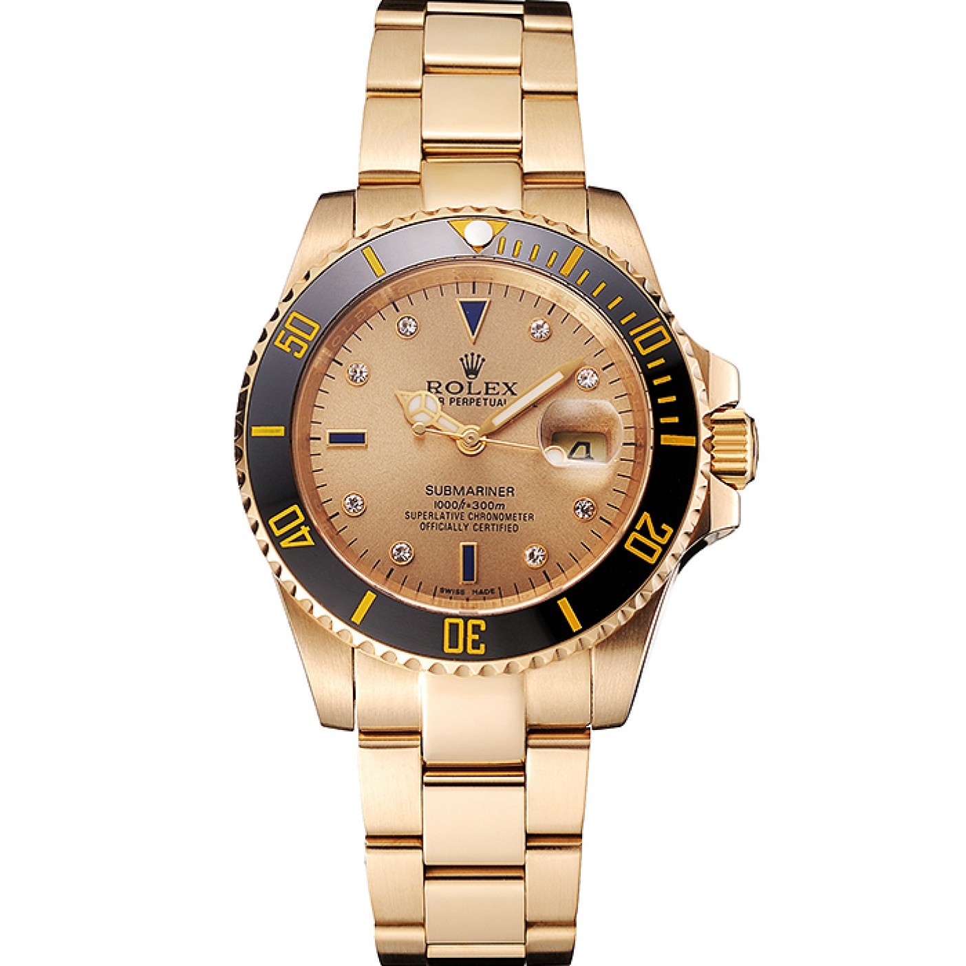 RepTime Watches Swiss Rolex Submariner Gold Dial With Diamond Markings Black Bezel Yellow Gold Case And Bracelet