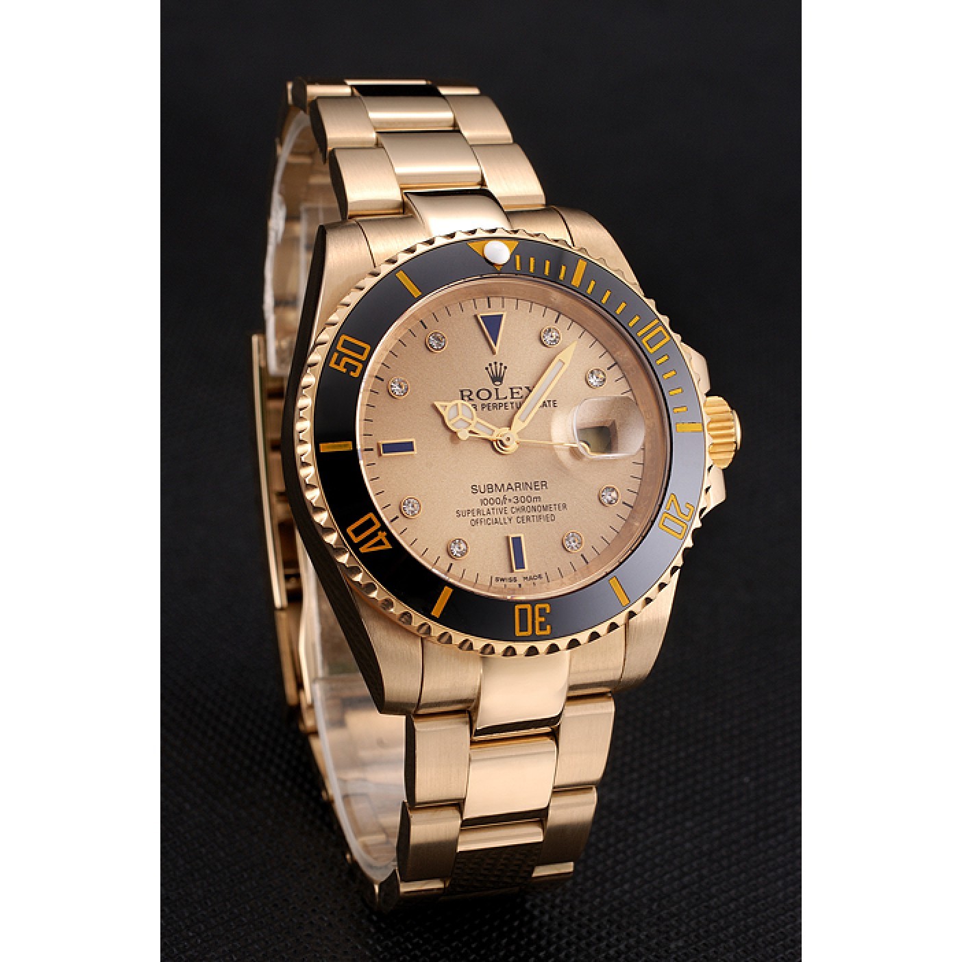 RepTime Watches Swiss Rolex Submariner Gold Dial With Diamond Markings Black Bezel Yellow Gold Case And Bracelet