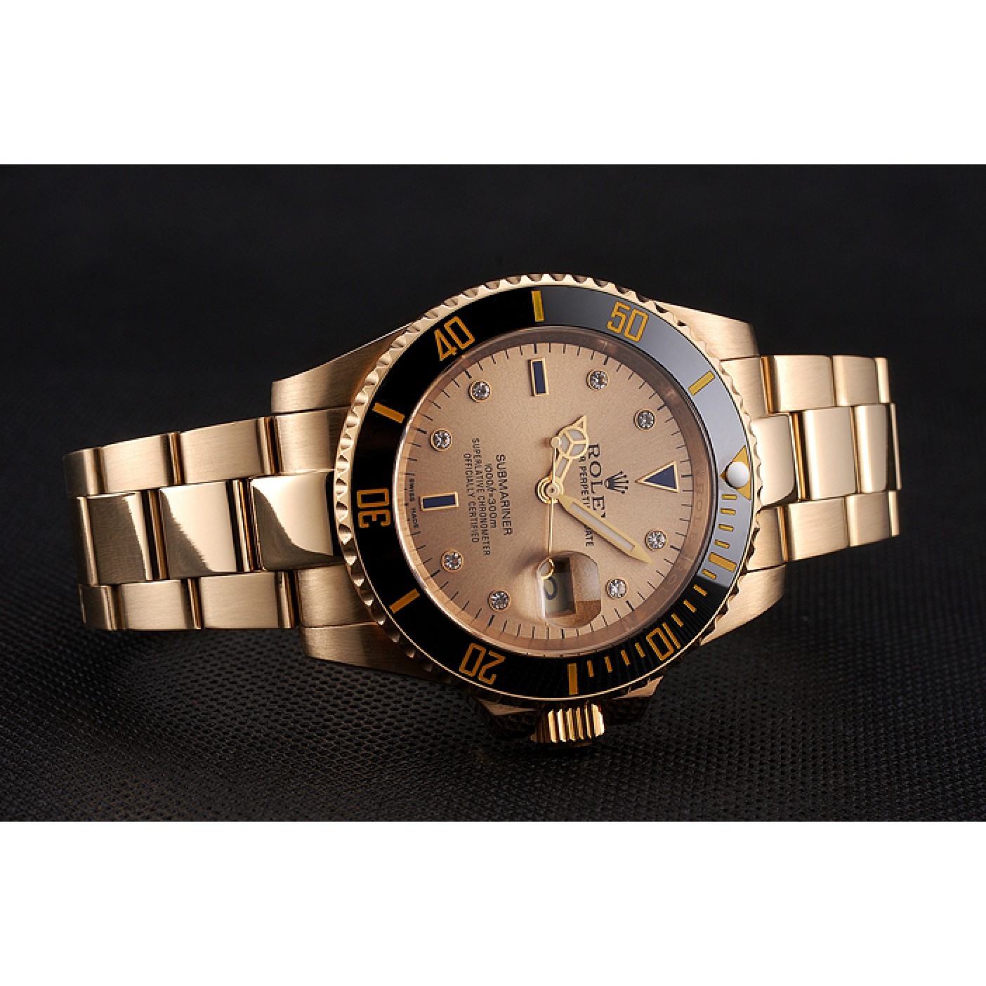 RepTime Watches Swiss Rolex Submariner Gold Dial With Diamond Markings Black Bezel Yellow Gold Case And Bracelet