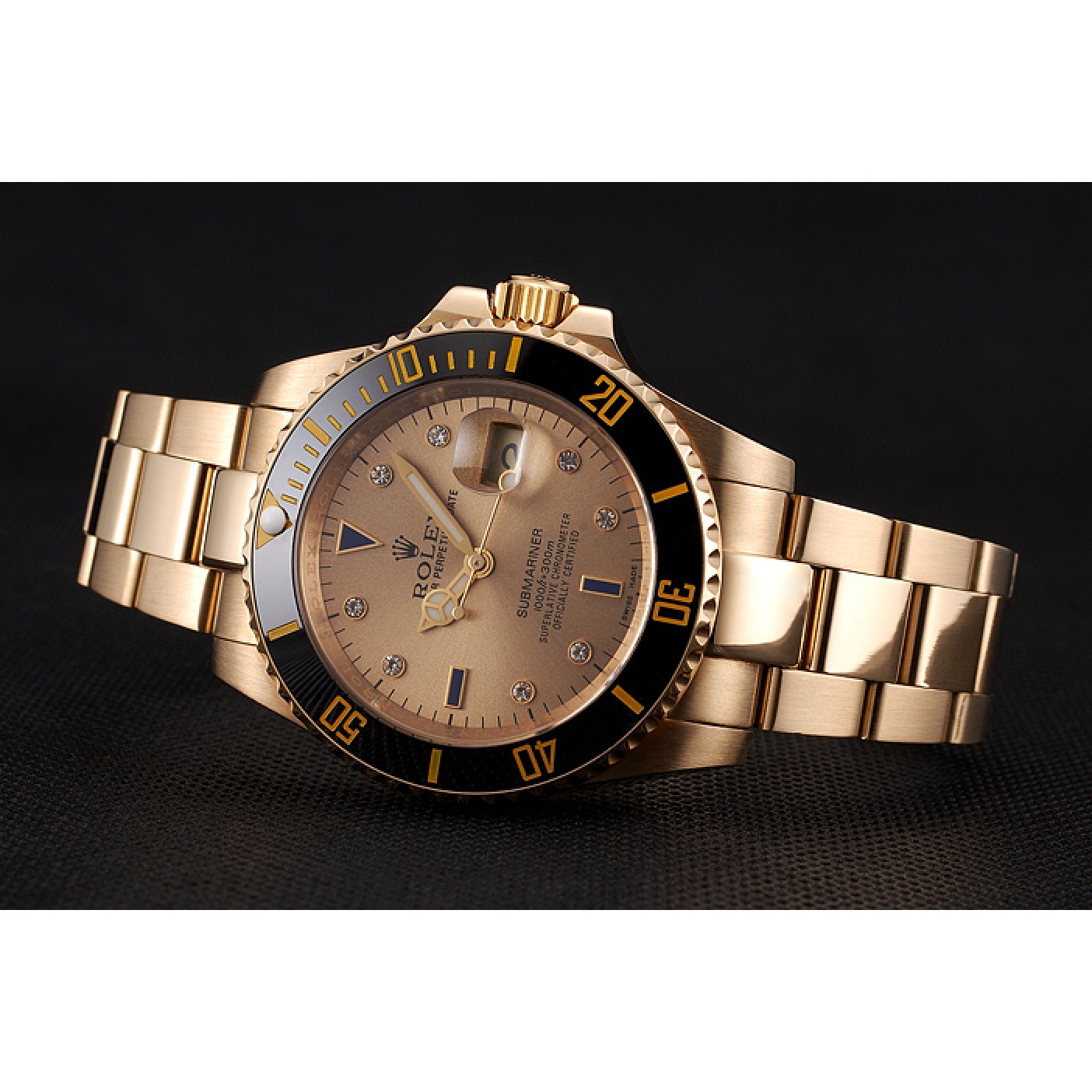 RepTime Watches Swiss Rolex Submariner Gold Dial With Diamond Markings Black Bezel Yellow Gold Case And Bracelet