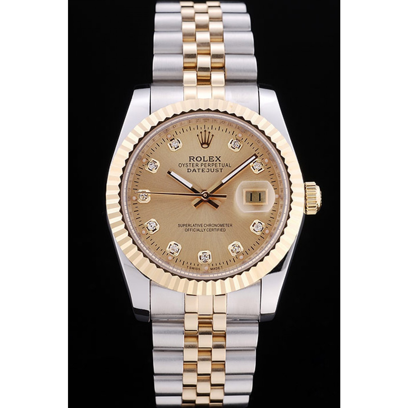 Rolex Datejust Gold Dial Diamonds Ribbed Bezel 7452