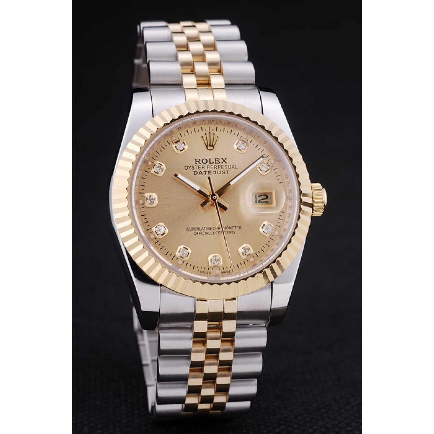 RepTime Watches Rolex Datejust Gold Dial Diamonds Ribbed Bezel 7452