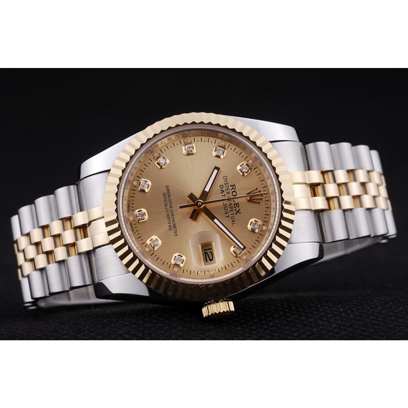 RepTime Watches Rolex Datejust Gold Dial Diamonds Ribbed Bezel 7452