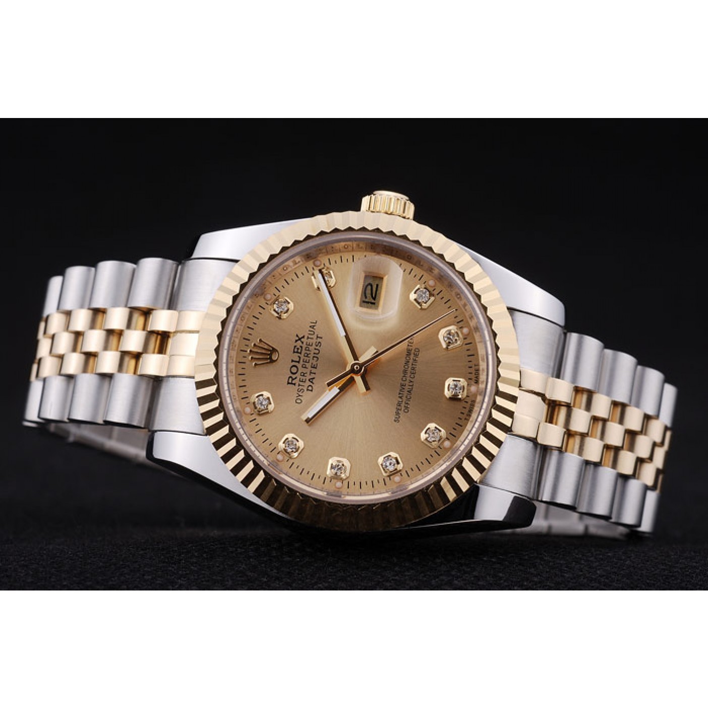 Rolex Datejust Gold Dial Diamonds Ribbed Bezel 7452