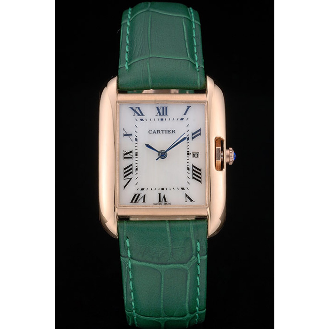 Rep Cartier Tank Anglaise 30mm White Dial Gold Case Green Leather Bracelet