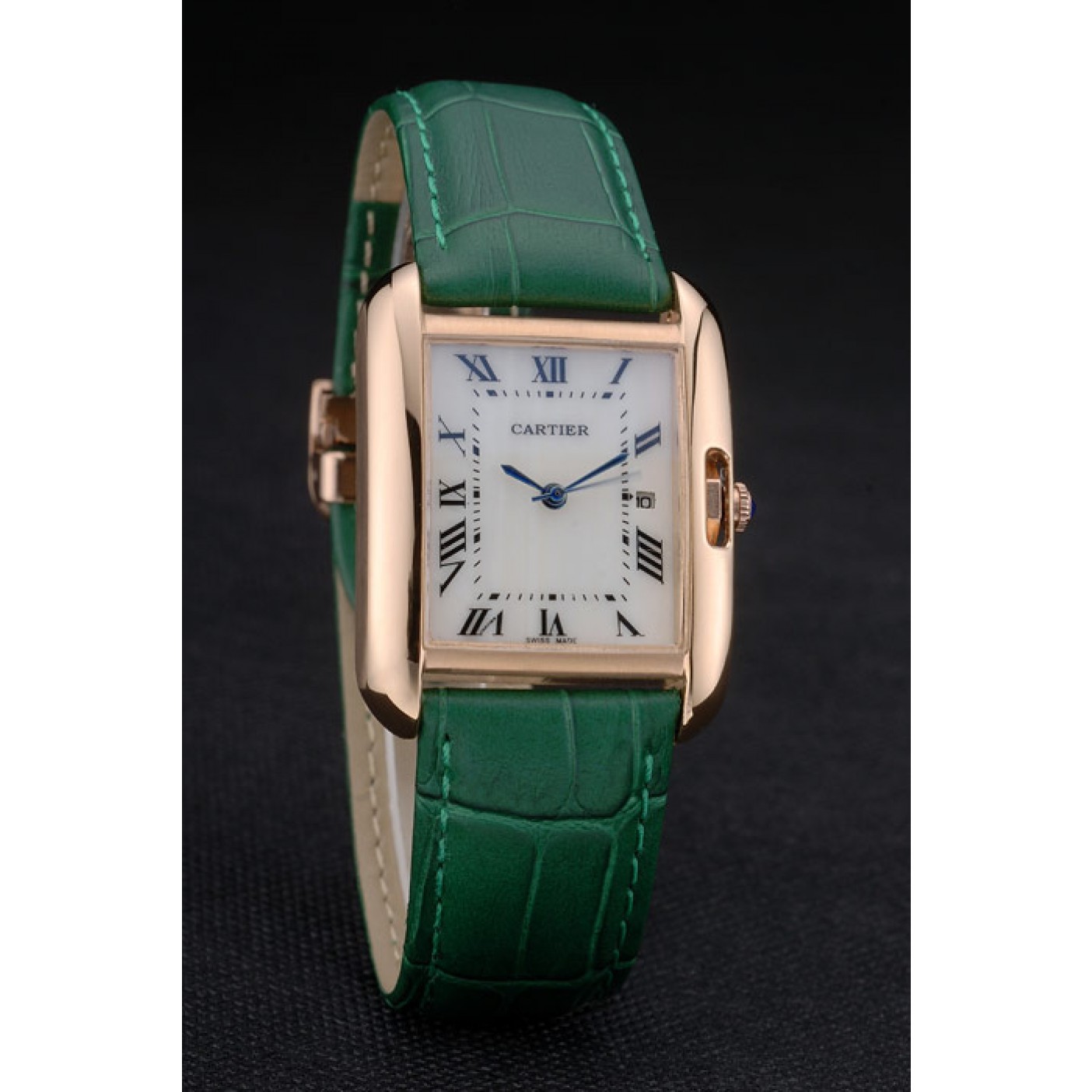 Rep Cartier Tank Anglaise 30mm White Dial Gold Case Green Leather Bracelet