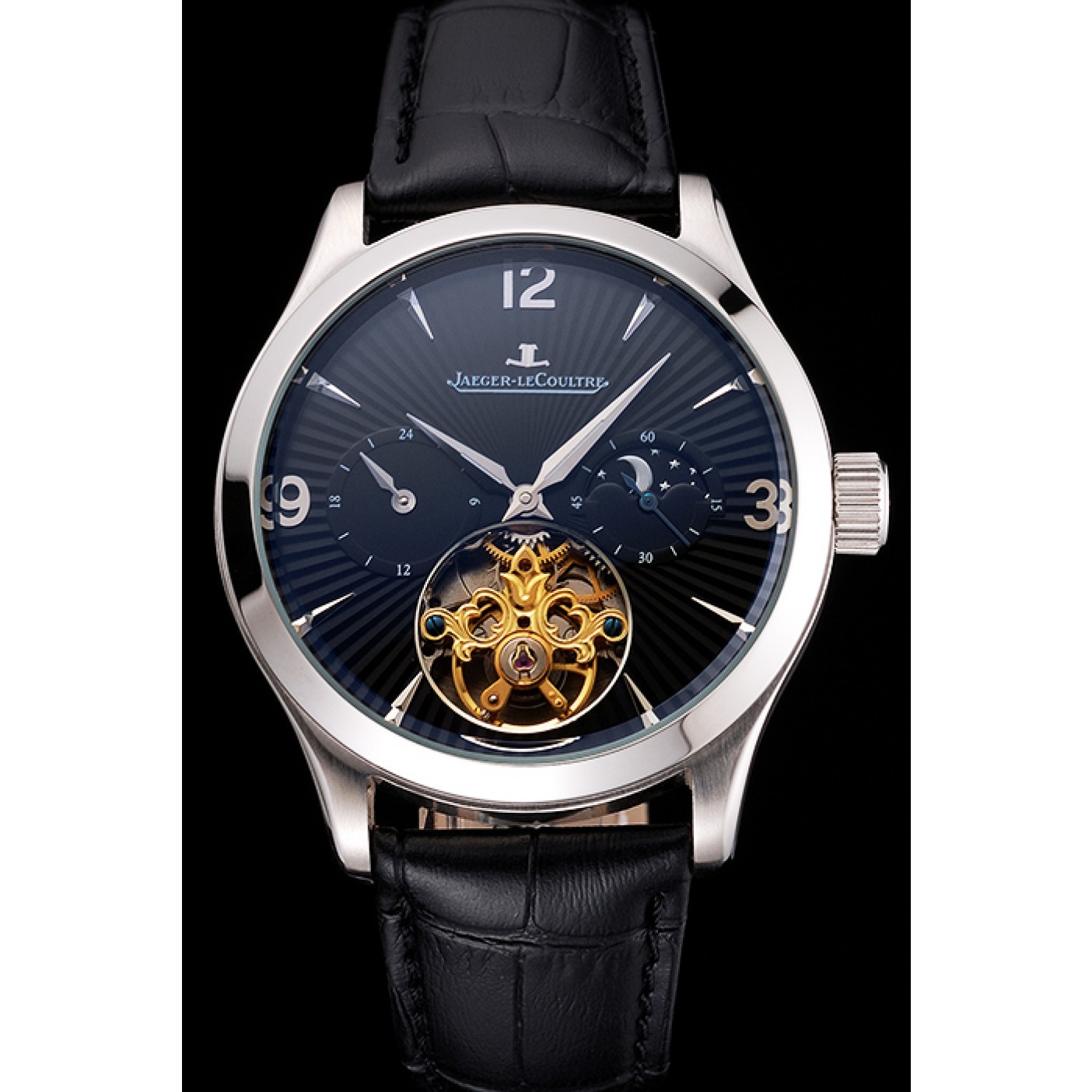 Jaeger LeCoultre Master Moonphase Tourbillon Black Dial Stainless Steel Case Black Leather Strap