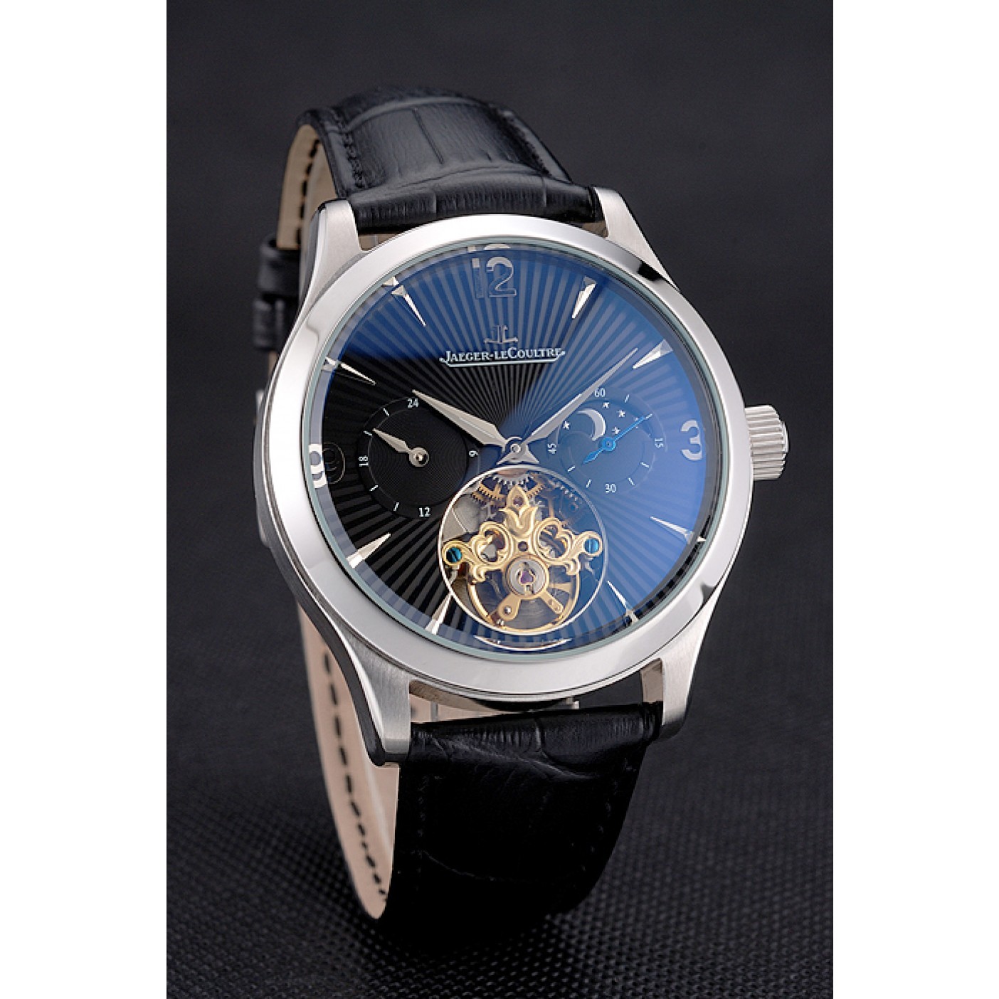 Jaeger LeCoultre Master Moonphase Tourbillon Black Dial Stainless Steel Case Black Leather Strap