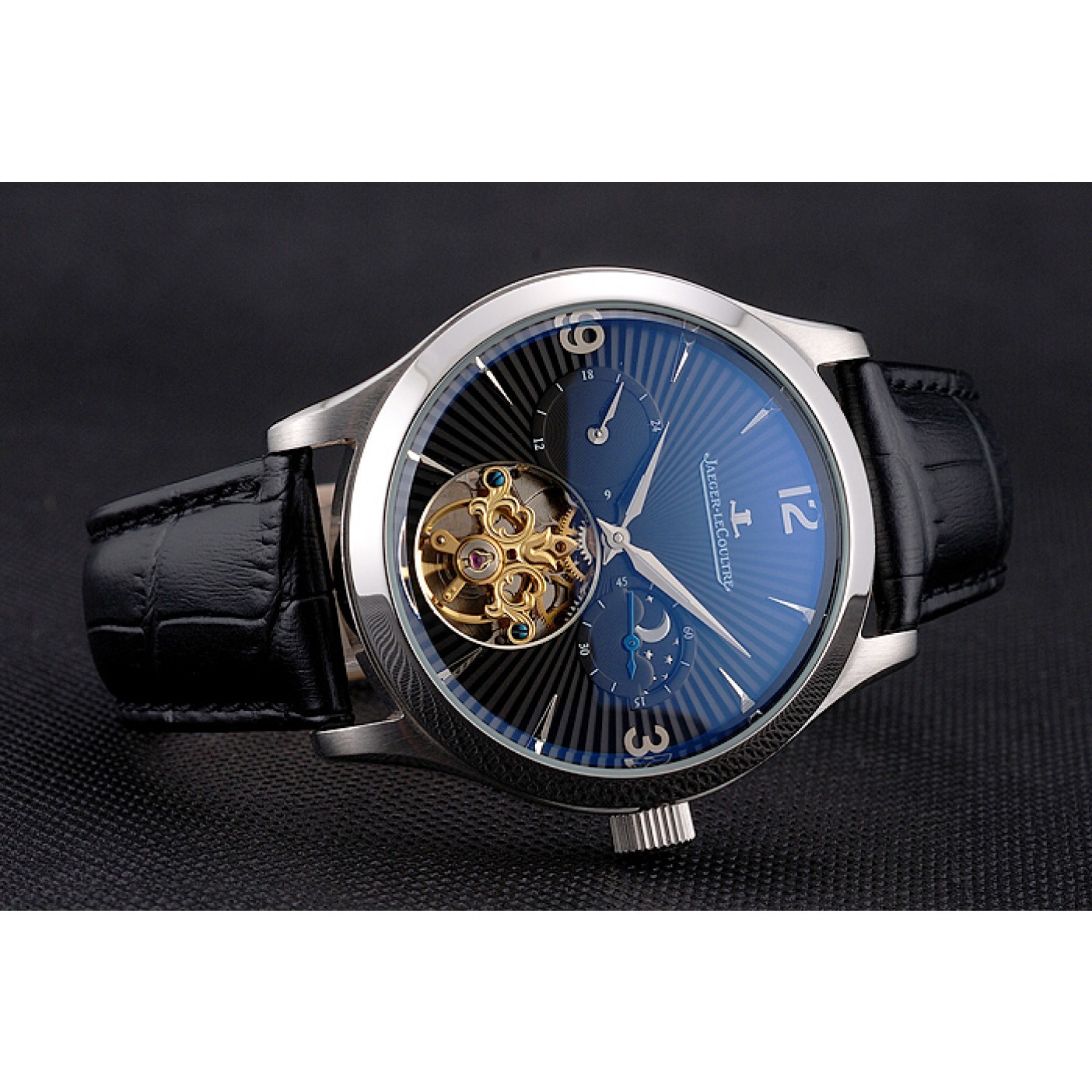 Jaeger LeCoultre Master Moonphase Tourbillon Black Dial Stainless Steel Case Black Leather Strap