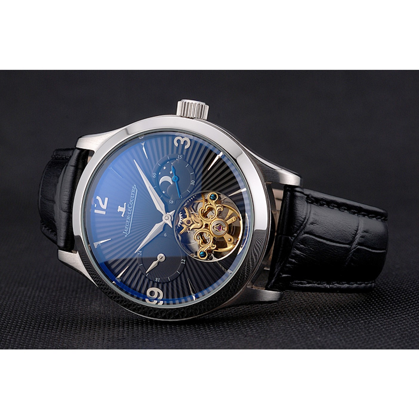 Jaeger LeCoultre Master Moonphase Tourbillon Black Dial Stainless Steel Case Black Leather Strap