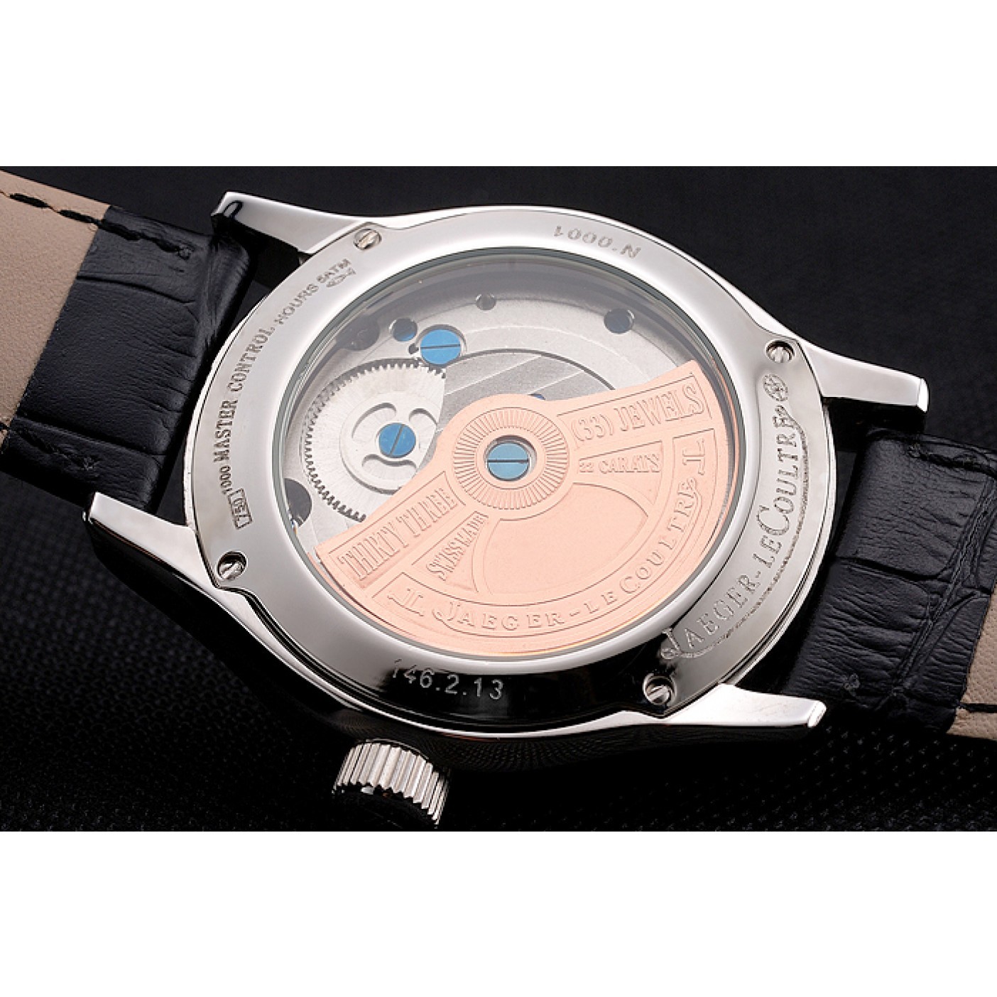 Jaeger LeCoultre Master Moonphase Tourbillon Black Dial Stainless Steel Case Black Leather Strap