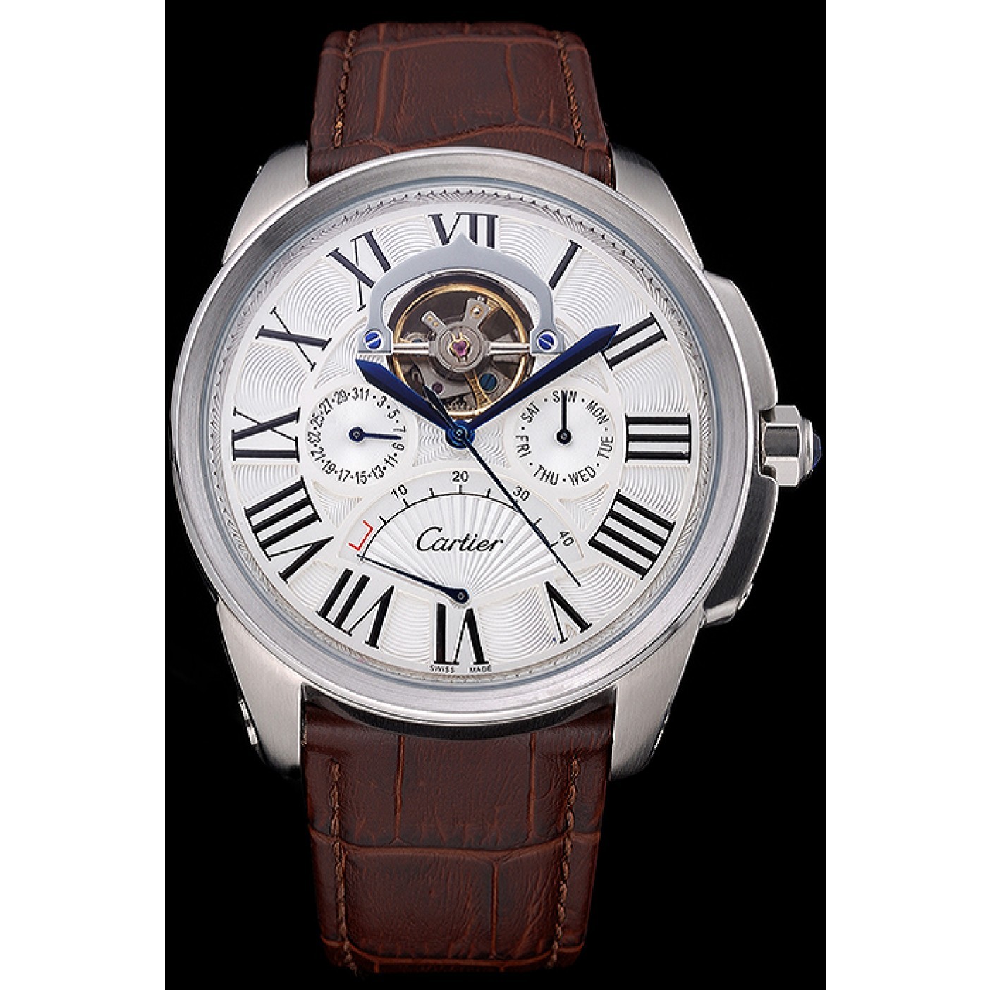 Cheap Cartier Calibre Tourbillon White Dial Stainless Steel Case Brown Leather Strap 622750