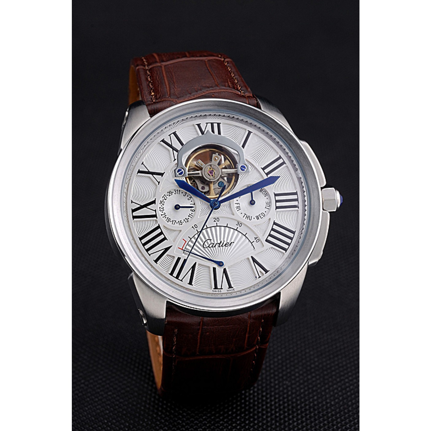 Cheap Cartier Calibre Tourbillon White Dial Stainless Steel Case Brown Leather Strap 622750