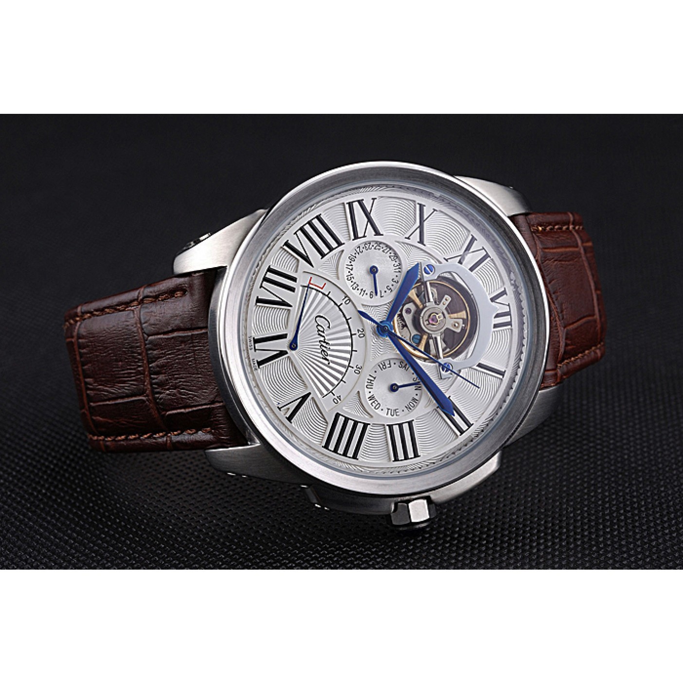 Cheap Cartier Calibre Tourbillon White Dial Stainless Steel Case Brown Leather Strap 622750