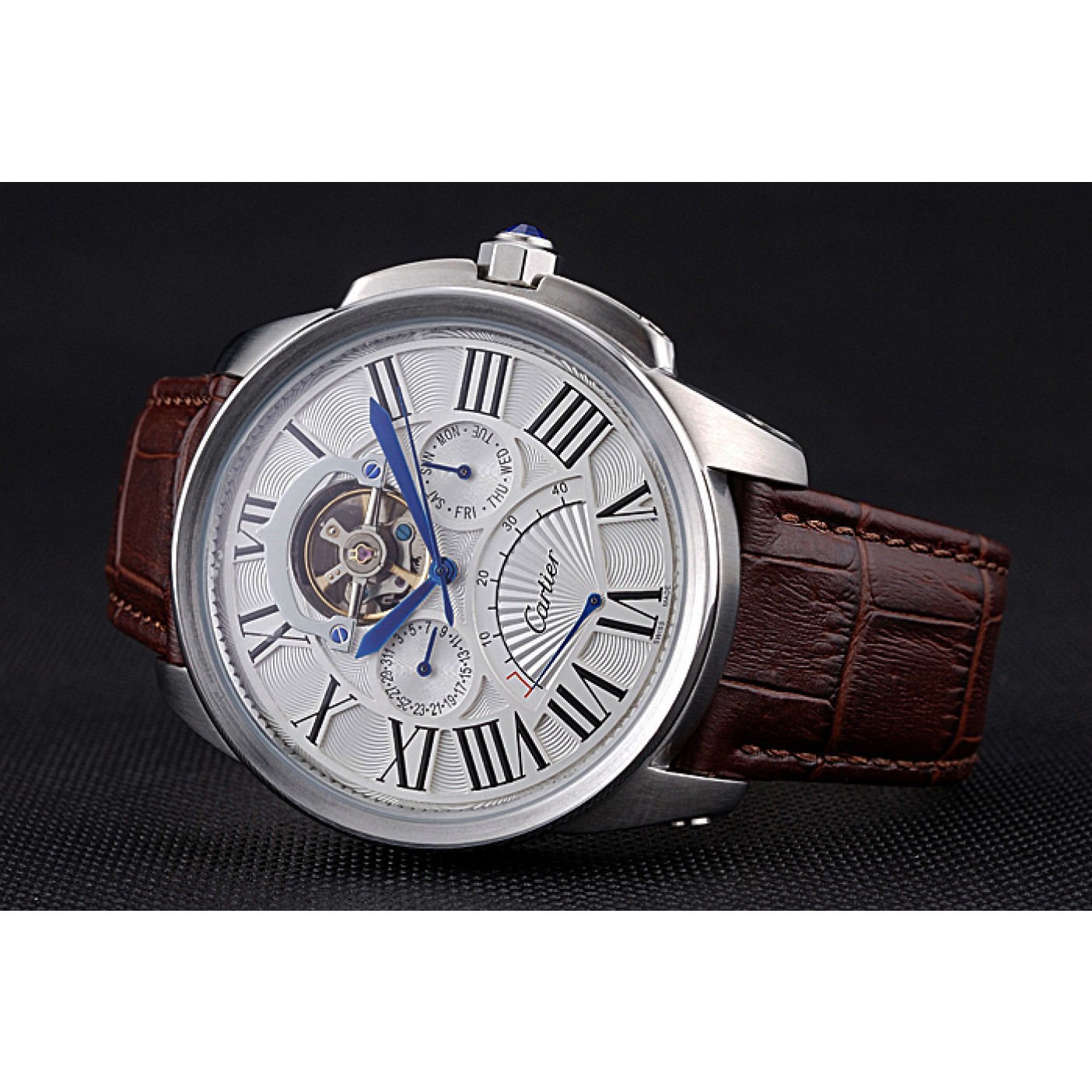 Cheap Cartier Calibre Tourbillon White Dial Stainless Steel Case Brown Leather Strap 622750