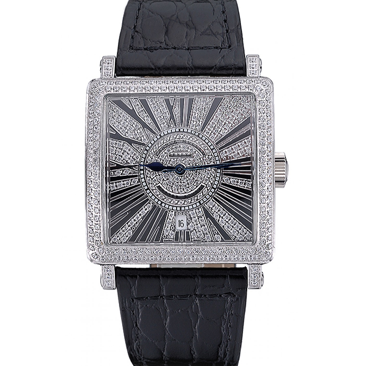 Franck Muller Master Square Diamonds Dial Diamonds Case Black Leather Band 622358