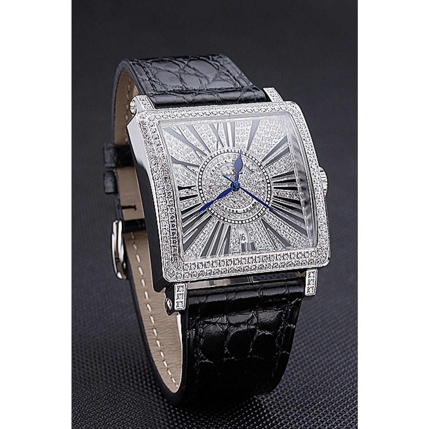 Franck Muller Master Square Diamonds Dial Diamonds Case Black Leather Band 622358