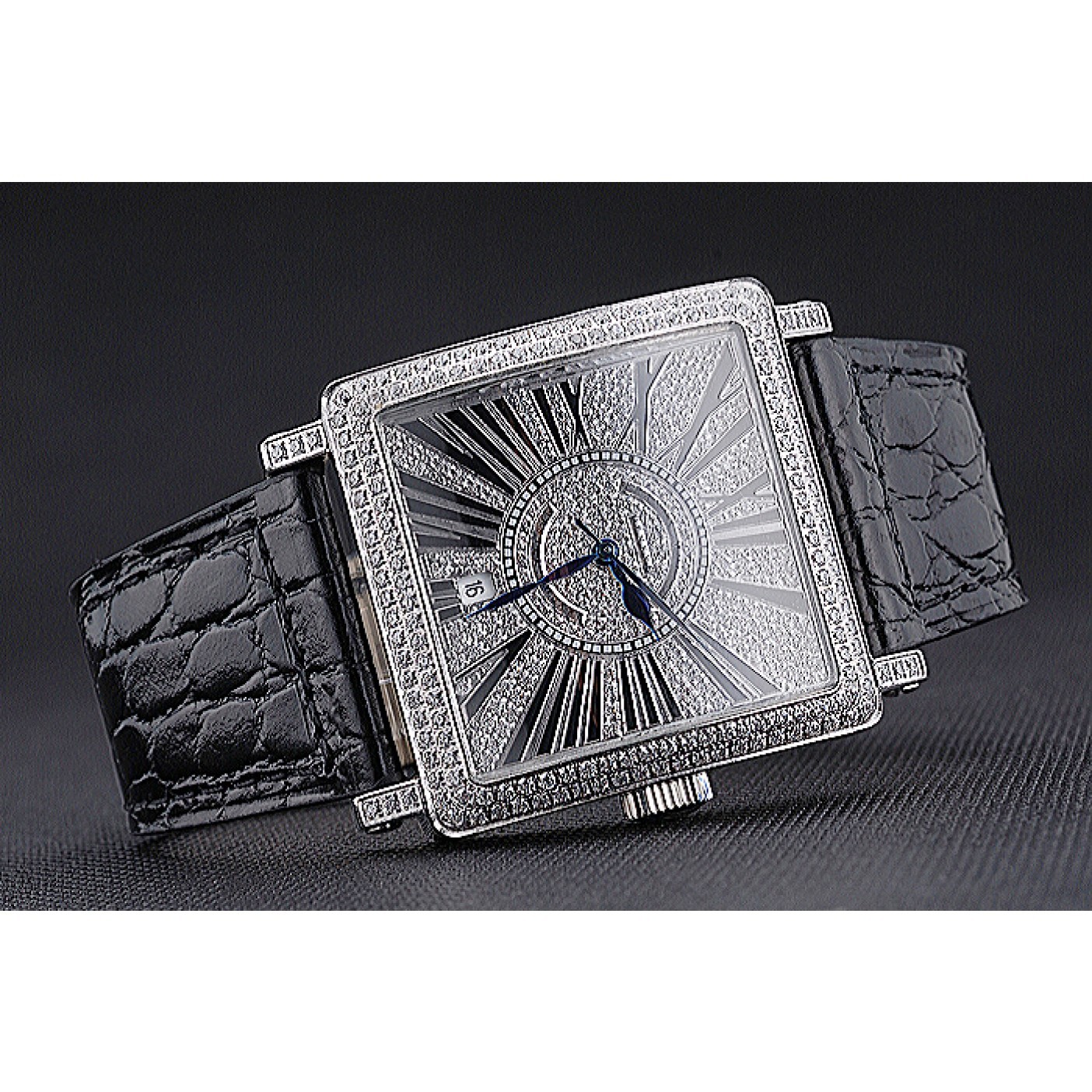 Franck Muller Master Square Diamonds Dial Diamonds Case Black Leather Band 622358