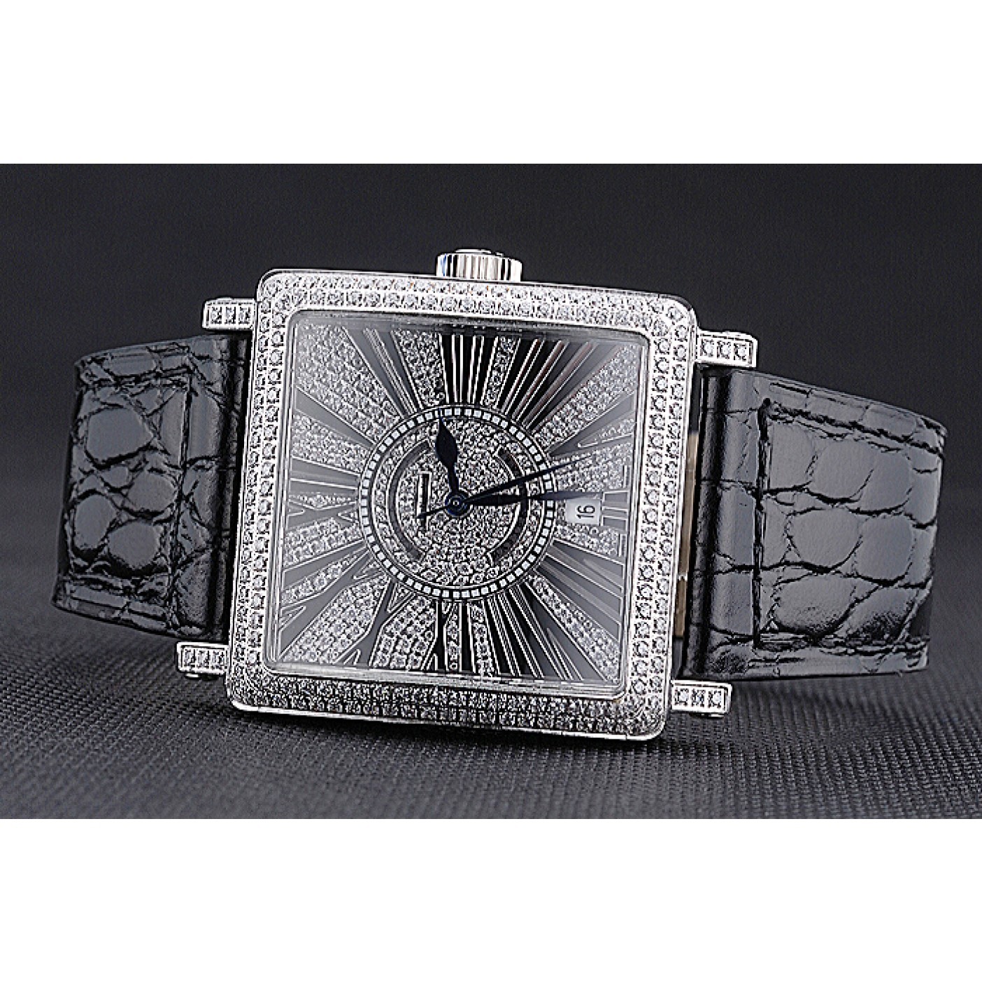 Franck Muller Master Square Diamonds Dial Diamonds Case Black Leather Band 622358