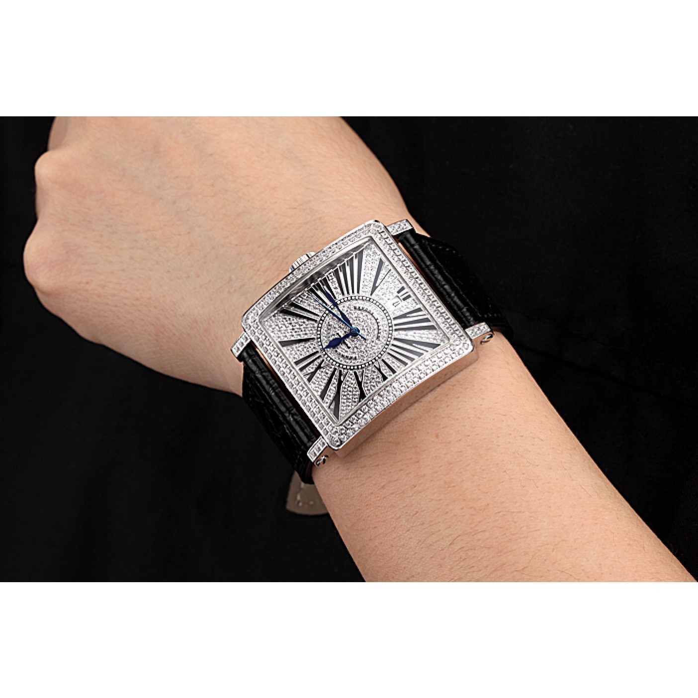 Franck Muller Master Square Diamonds Dial Diamonds Case Black Leather Band 622358