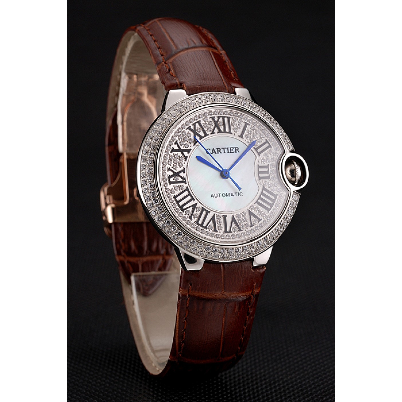 Rep Swiss Cartier Ballon Bleu 46 MM Diamond Dial Diamond Case Brown Leather Bracelet 1453895