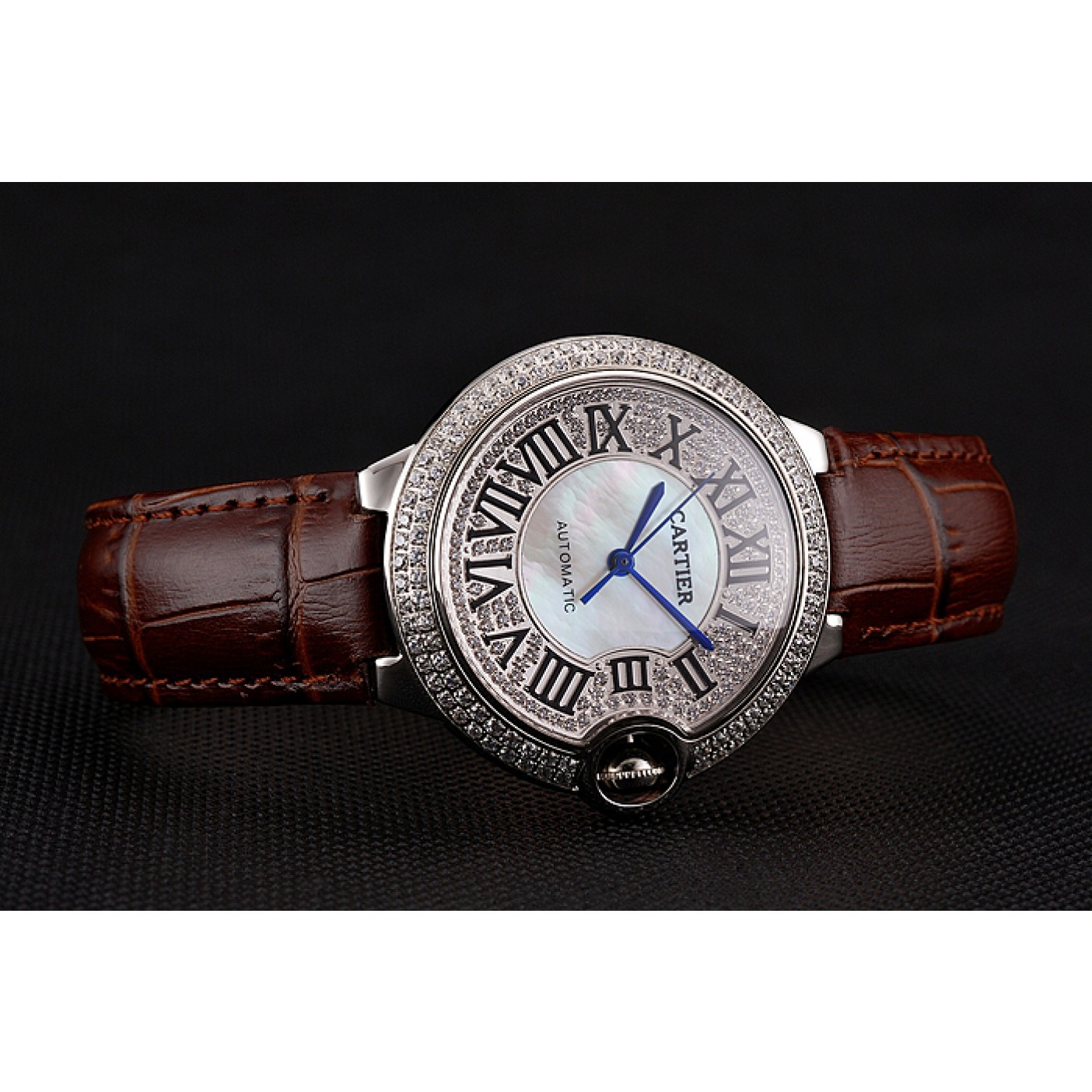 Rep Swiss Cartier Ballon Bleu 46 MM Diamond Dial Diamond Case Brown Leather Bracelet 1453895