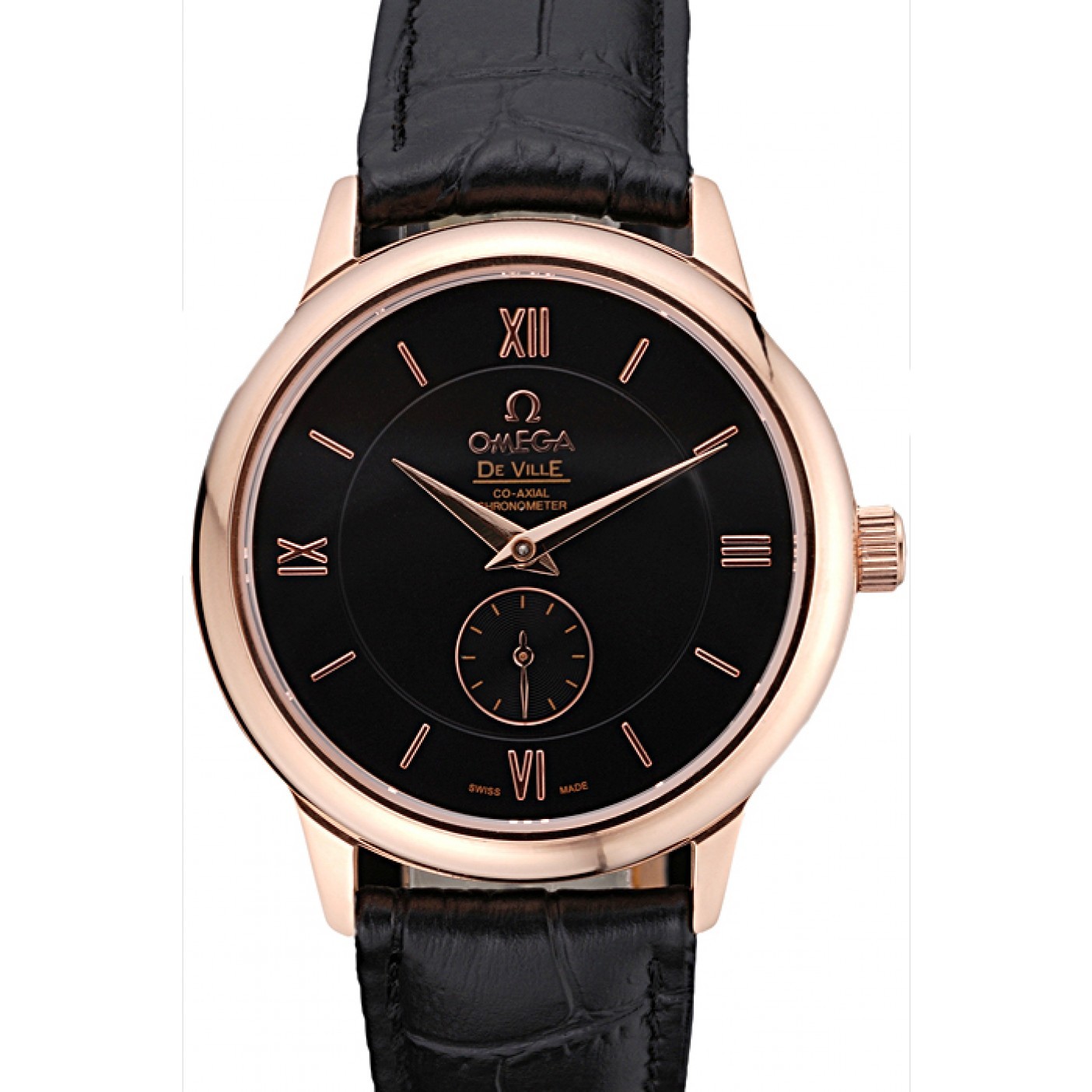 Omega DeVille Prestige Small Seconds Black Dial Gold Case Black Leather Bracelet 622602