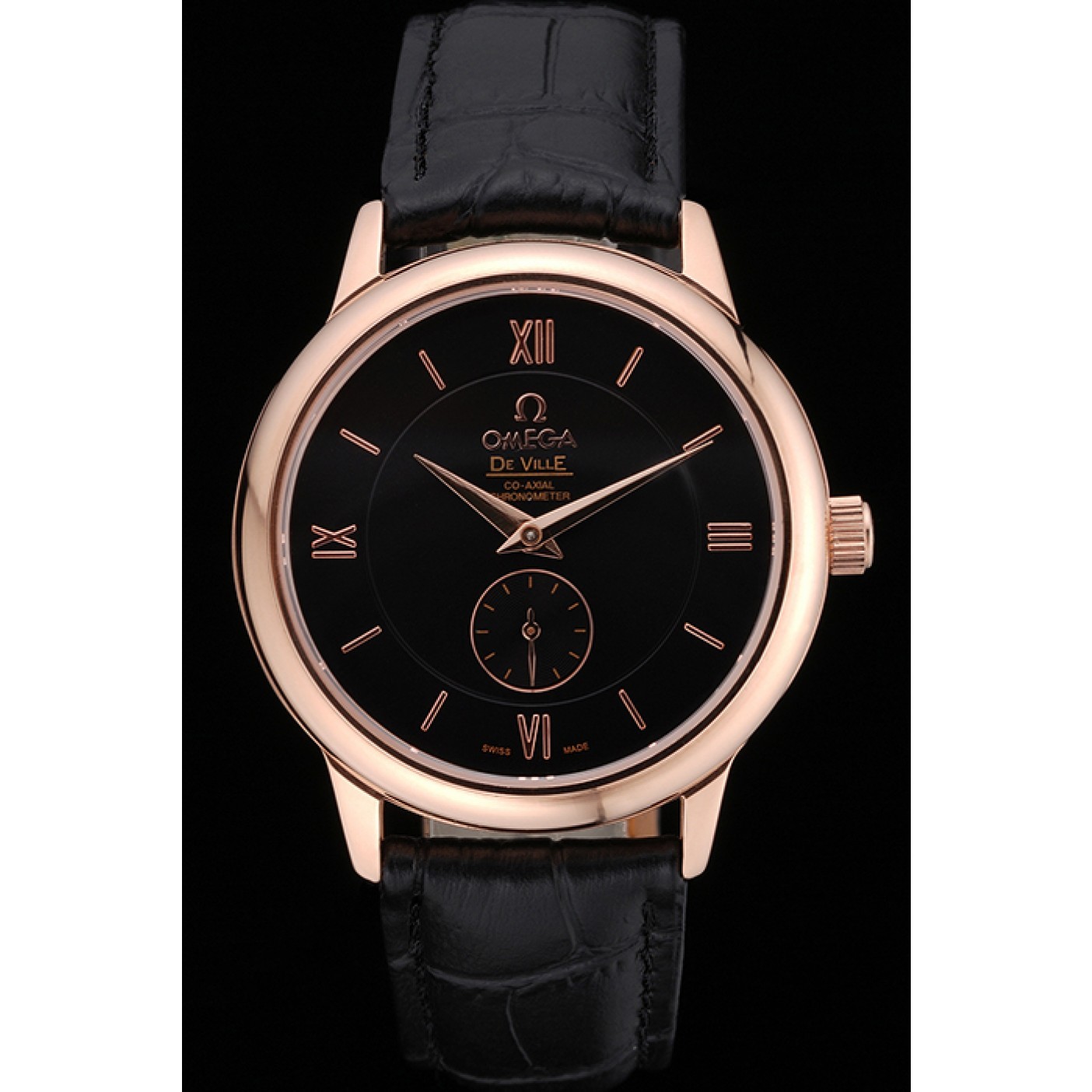 Omega DeVille Prestige Small Seconds Black Dial Gold Case Black Leather Bracelet 622602