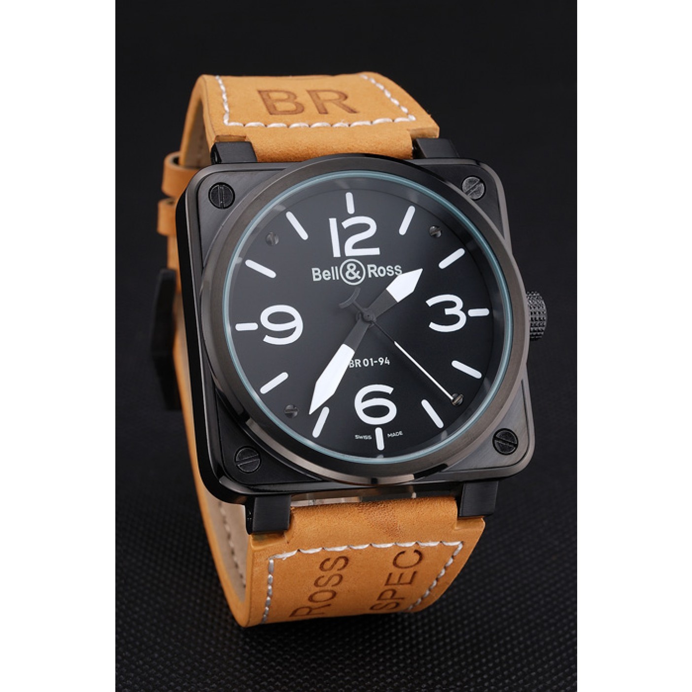 Bell and Ross BR 01-94 Black Dial Black Case Brown Leather Strap