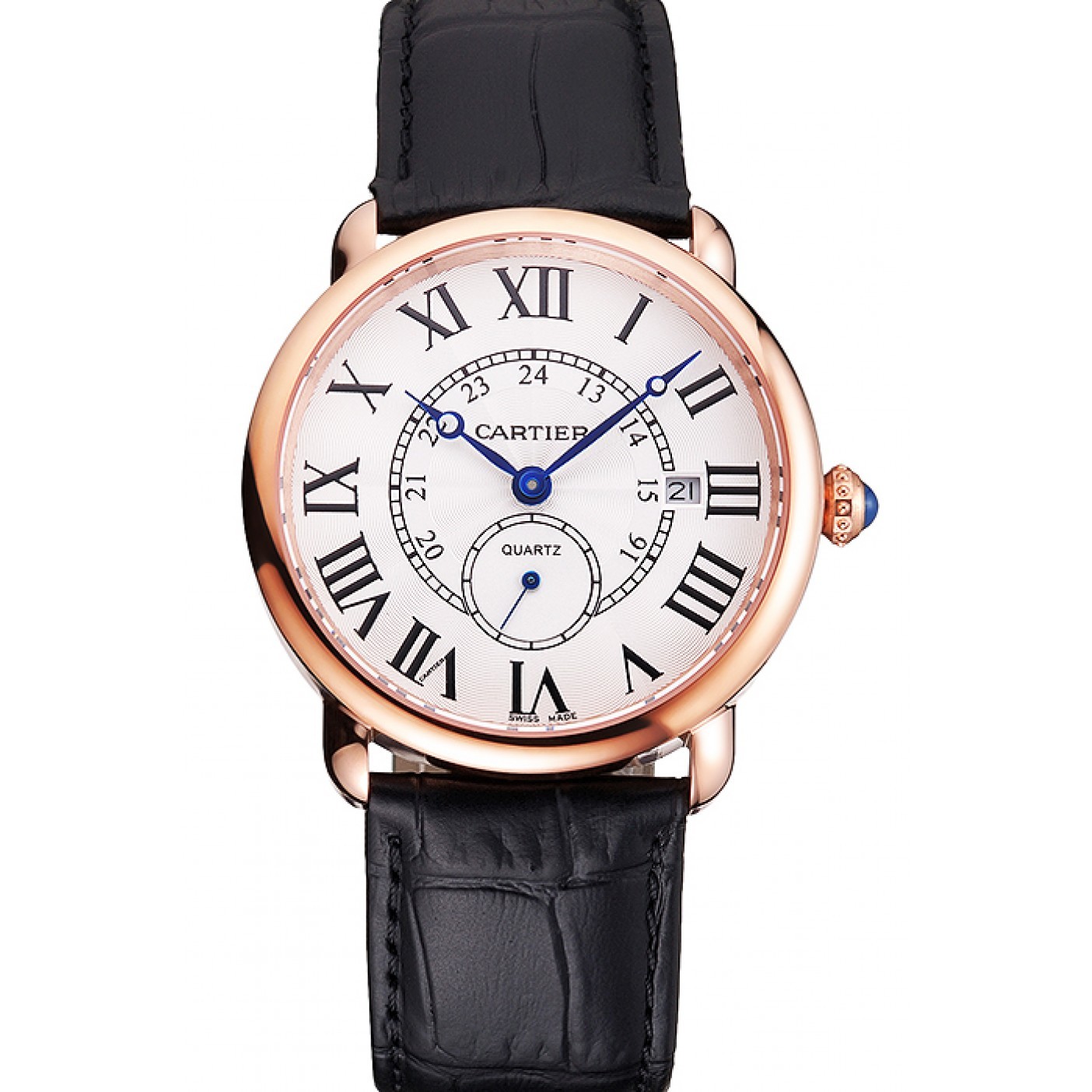 Cartier Ronde Louis Cartier White Dial Gold Case Black Leather Strap