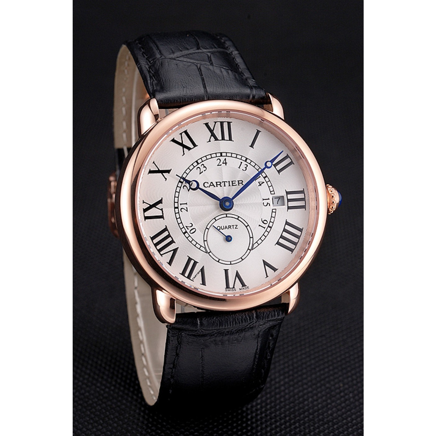 Cartier Ronde Louis Cartier White Dial Gold Case Black Leather Strap