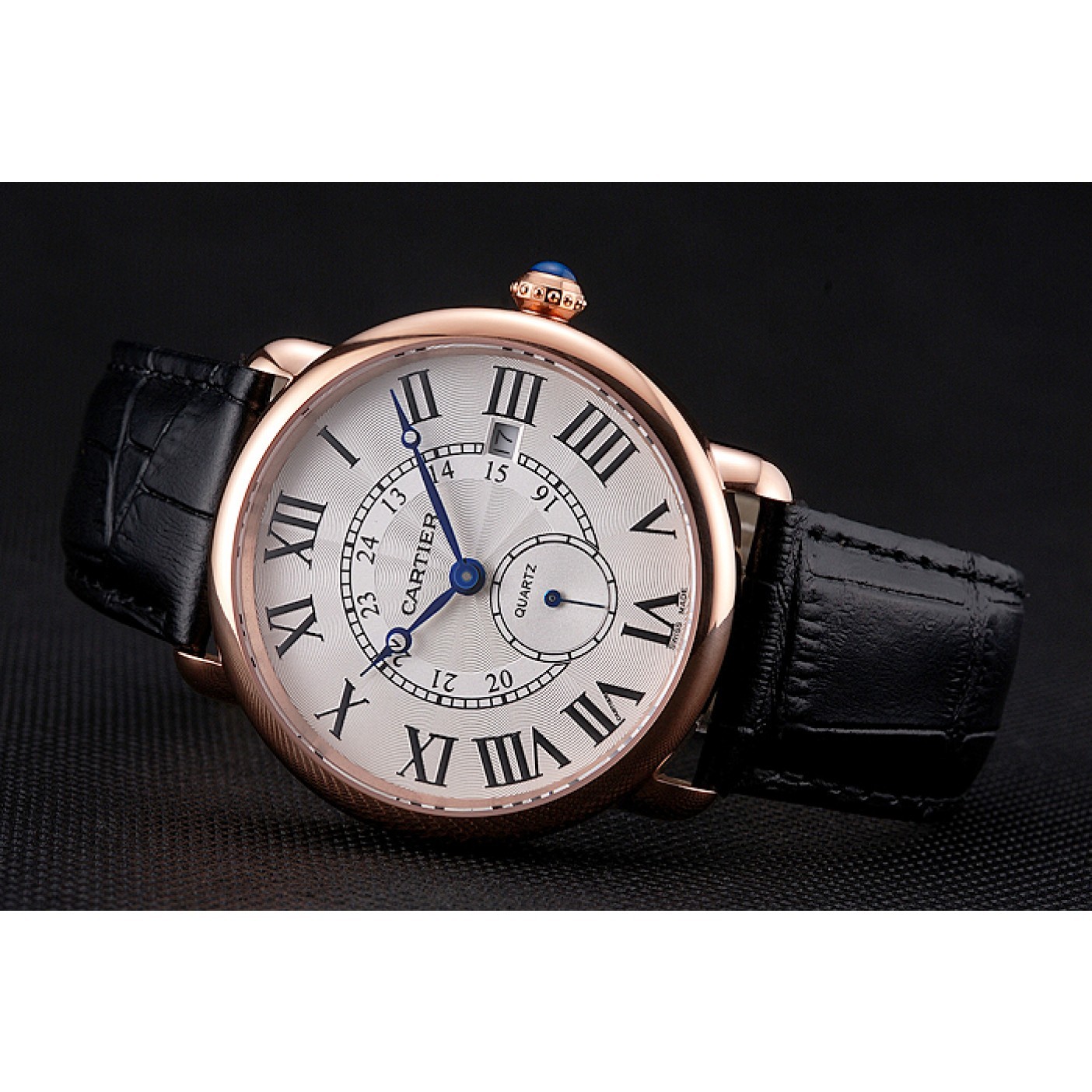 Cartier Ronde Louis Cartier White Dial Gold Case Black Leather Strap