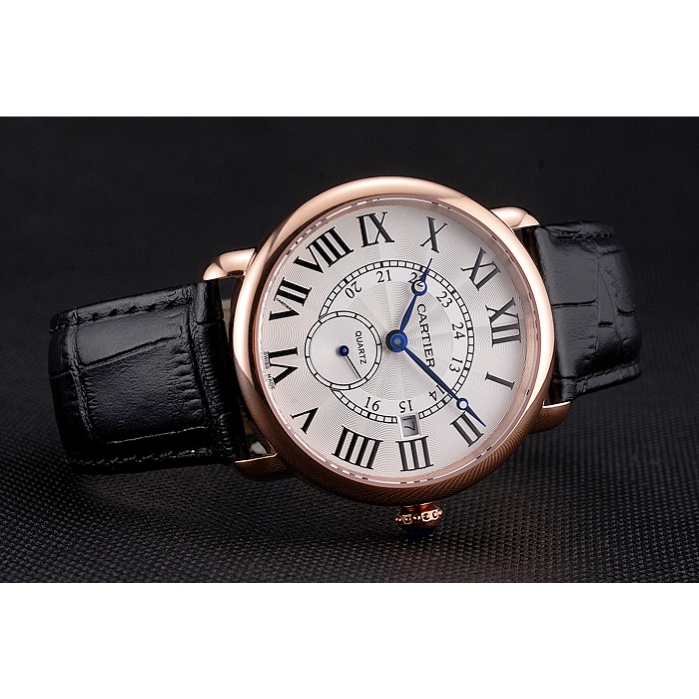 Cartier Ronde Louis Cartier White Dial Gold Case Black Leather Strap