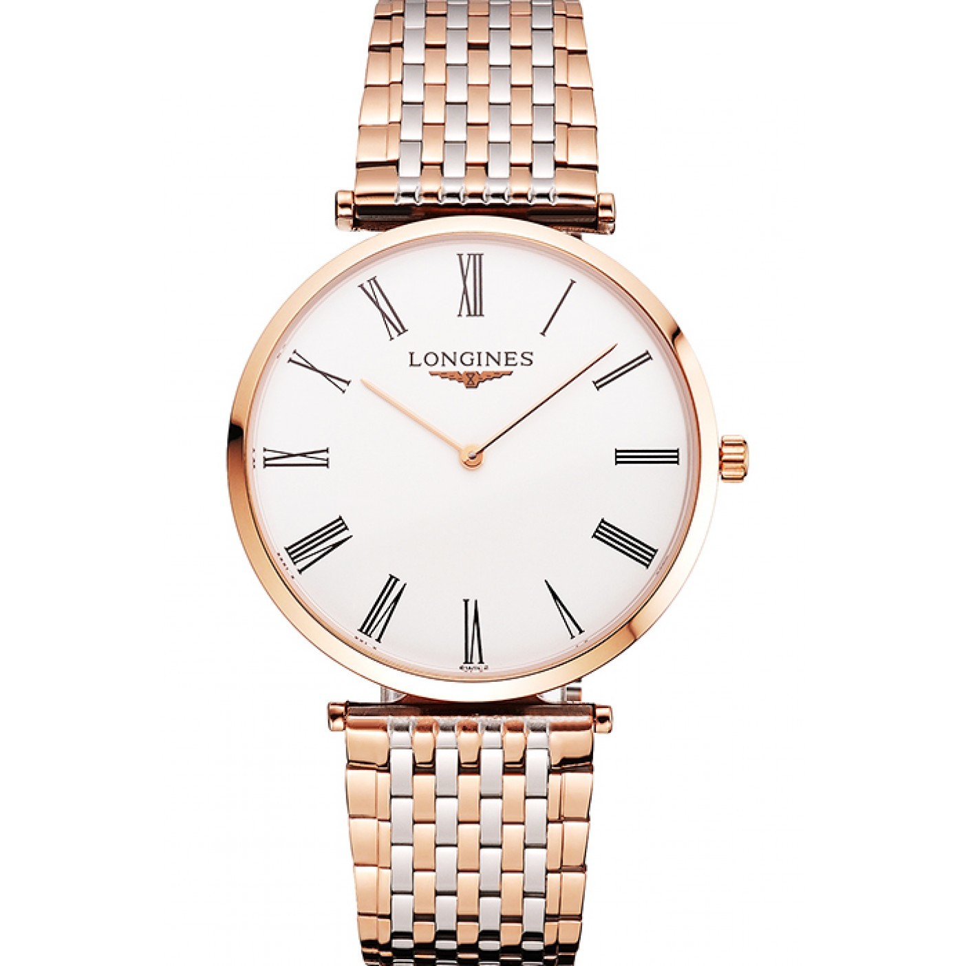 Swiss Longines Grande Classique White Dial Roman Numerals Rose Gold Case Two Tone Bracelet