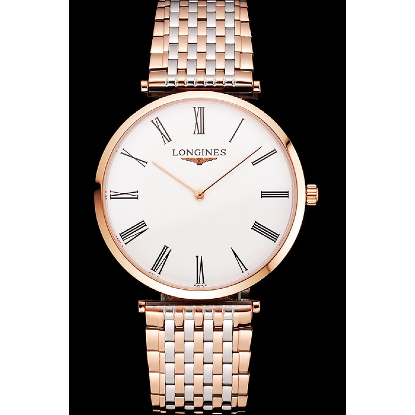 Swiss Longines Grande Classique White Dial Roman Numerals Rose Gold Case Two Tone Bracelet