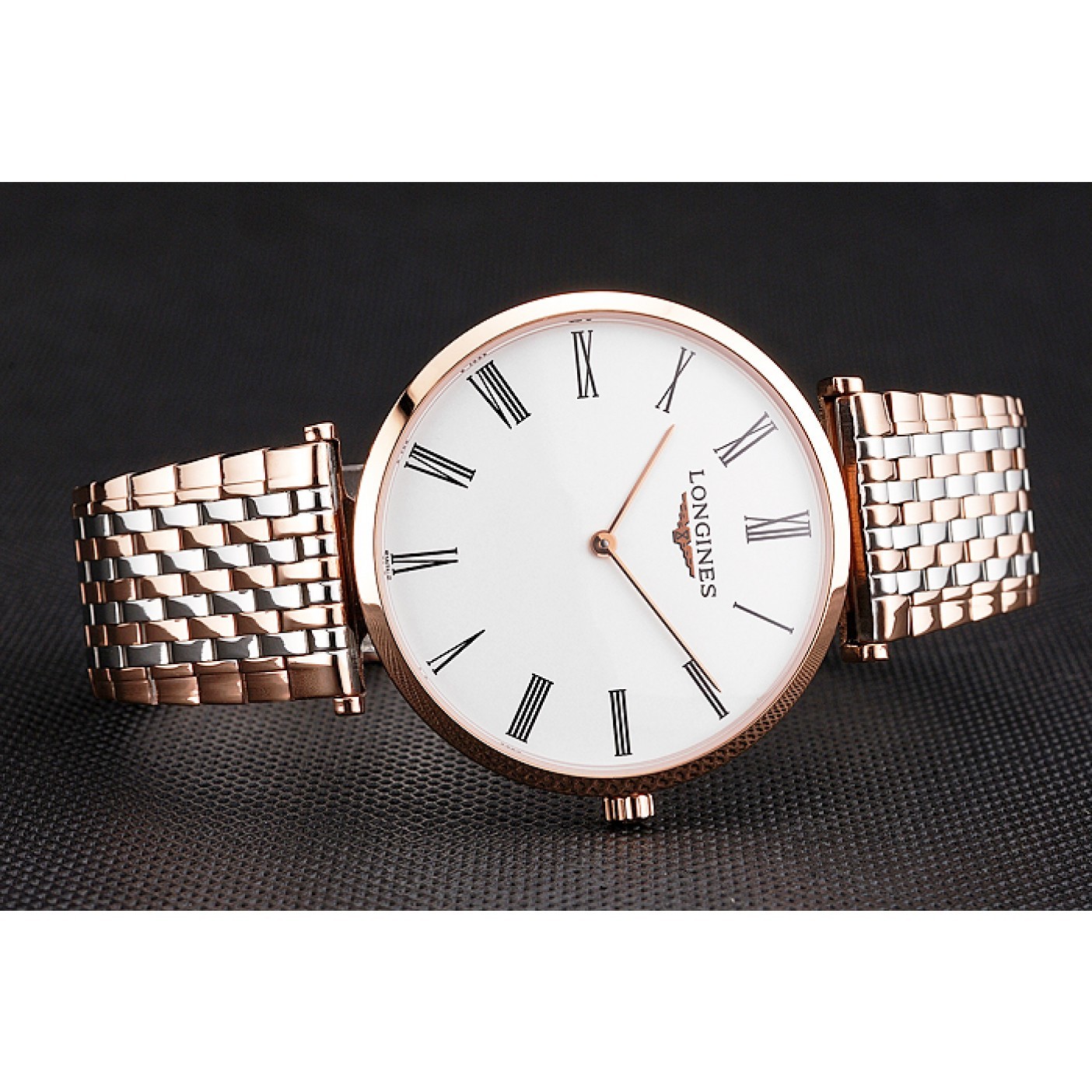 Swiss Longines Grande Classique White Dial Roman Numerals Rose Gold Case Two Tone Bracelet