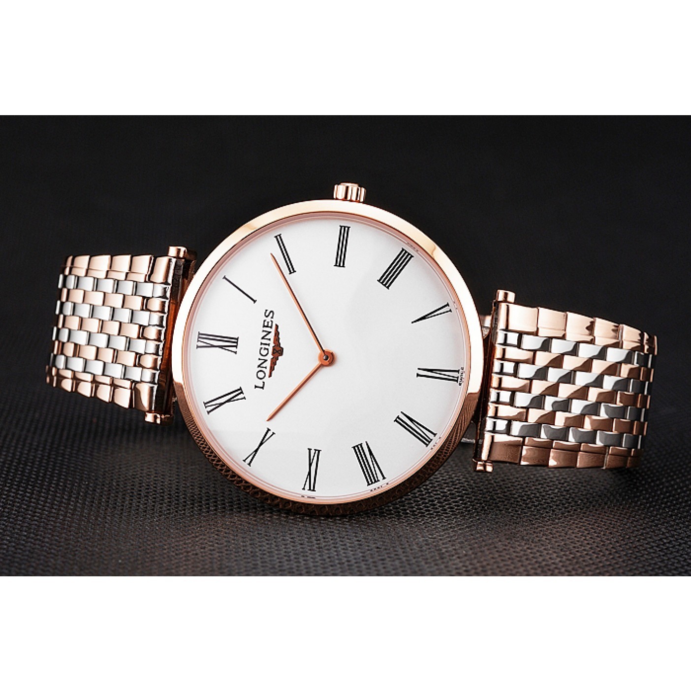 Swiss Longines Grande Classique White Dial Roman Numerals Rose Gold Case Two Tone Bracelet