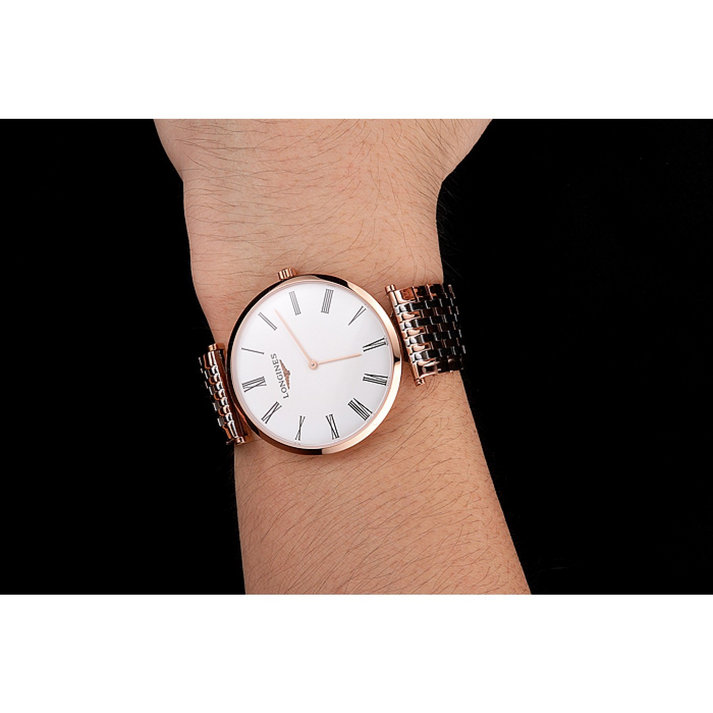 Swiss Longines Grande Classique White Dial Roman Numerals Rose Gold Case Two Tone Bracelet