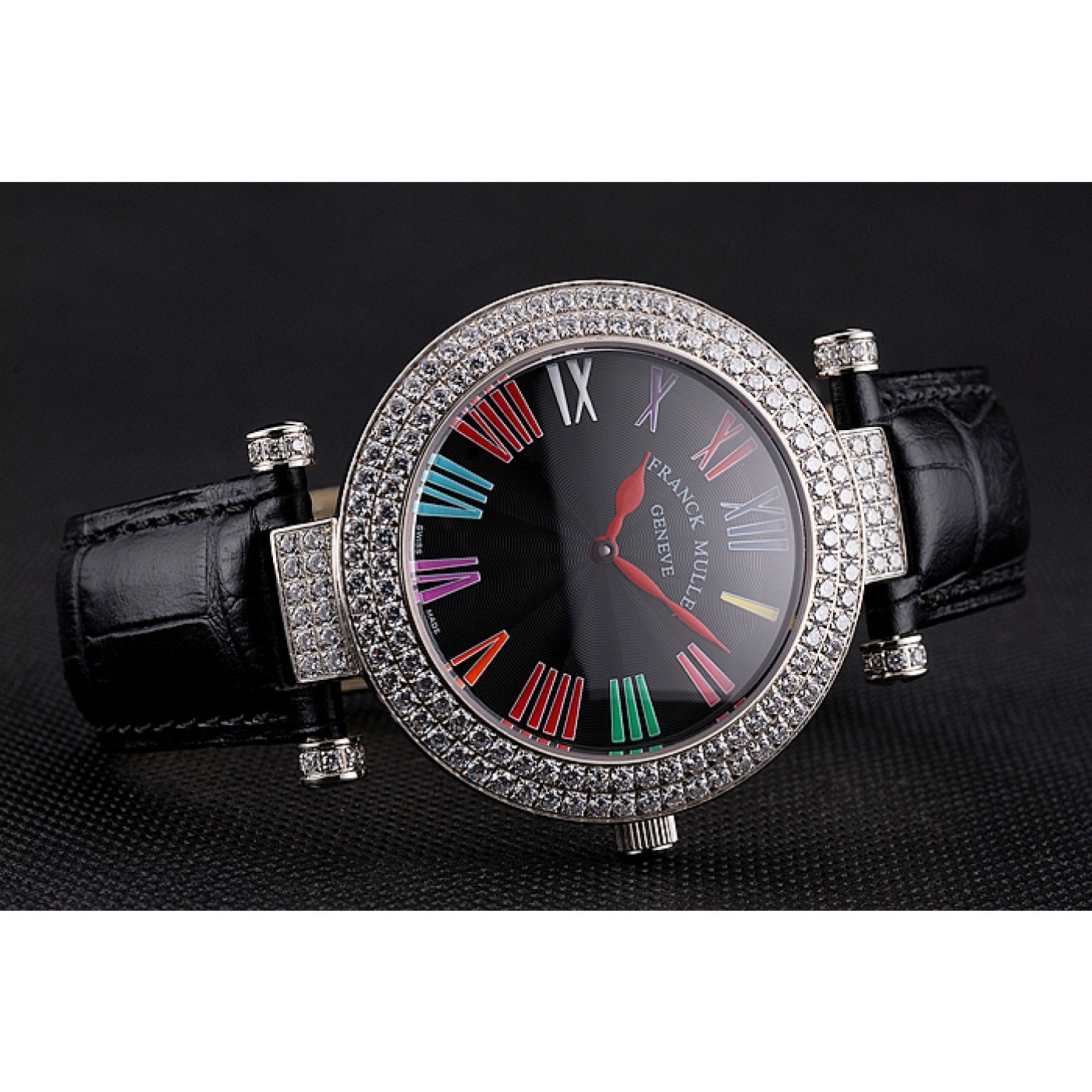 Franck Muller Double Mistery Ronde Black Dial Stainless Steel Case Black Leather Strap