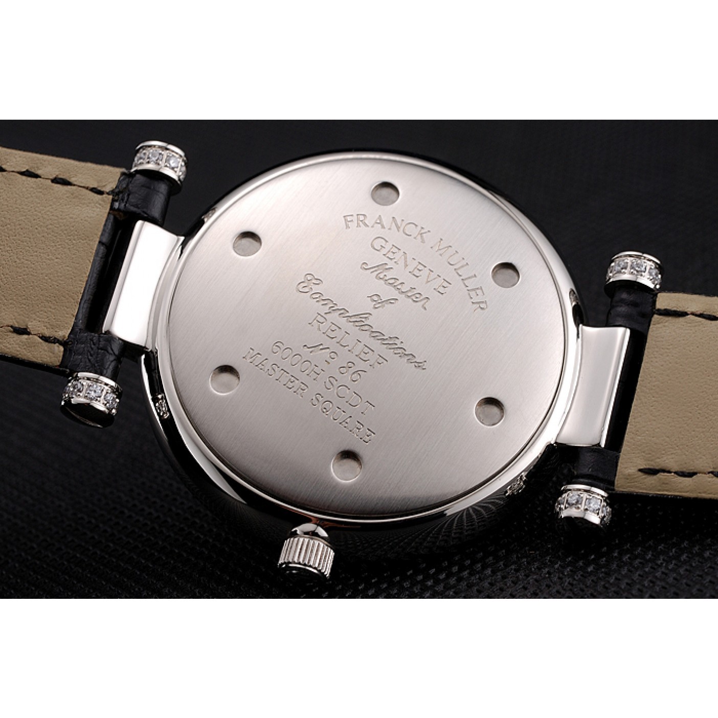 Franck Muller Double Mistery Ronde Black Dial Stainless Steel Case Black Leather Strap