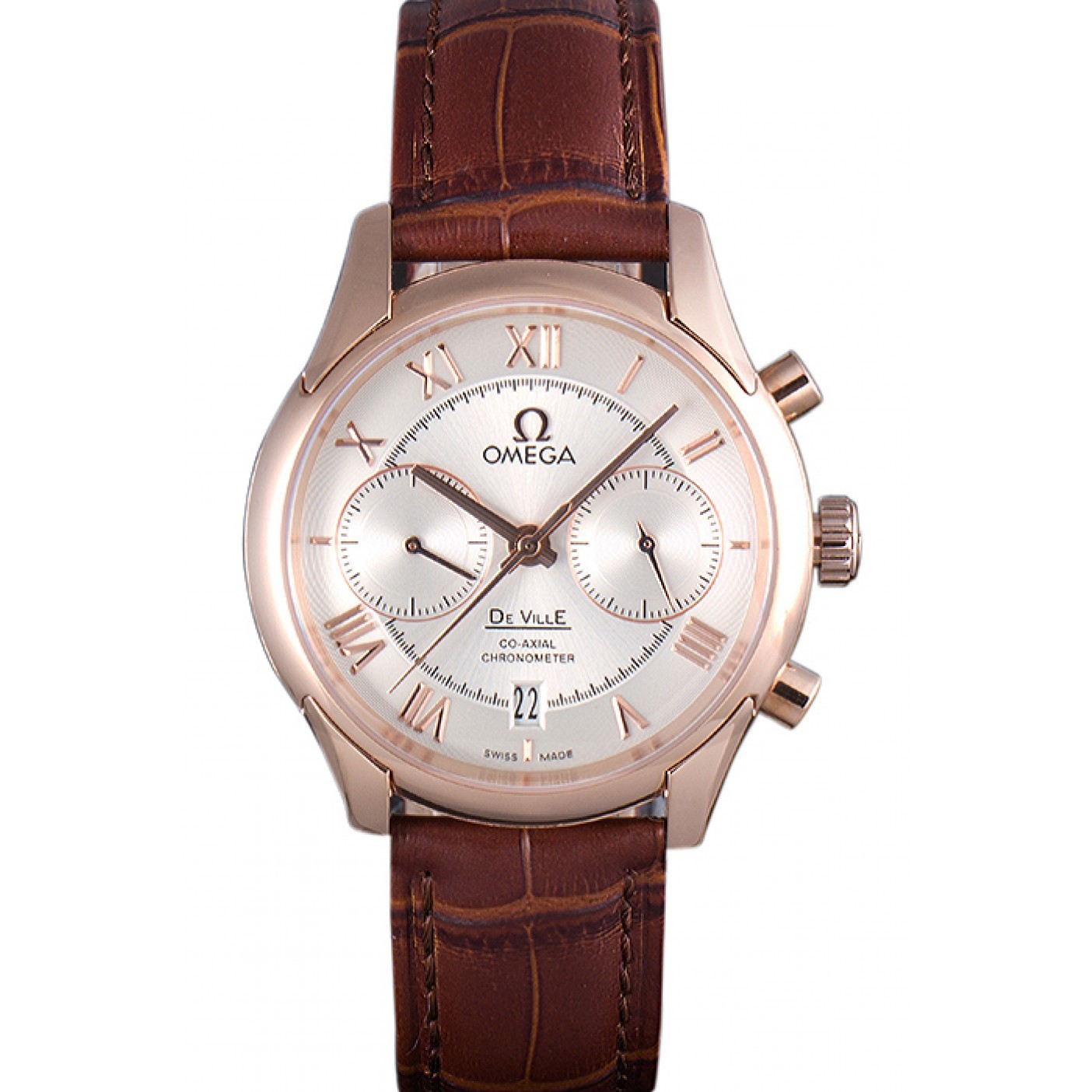 Omega DeVille Rose Gold Bezel with White Dial and Brown Leather Strap 621570