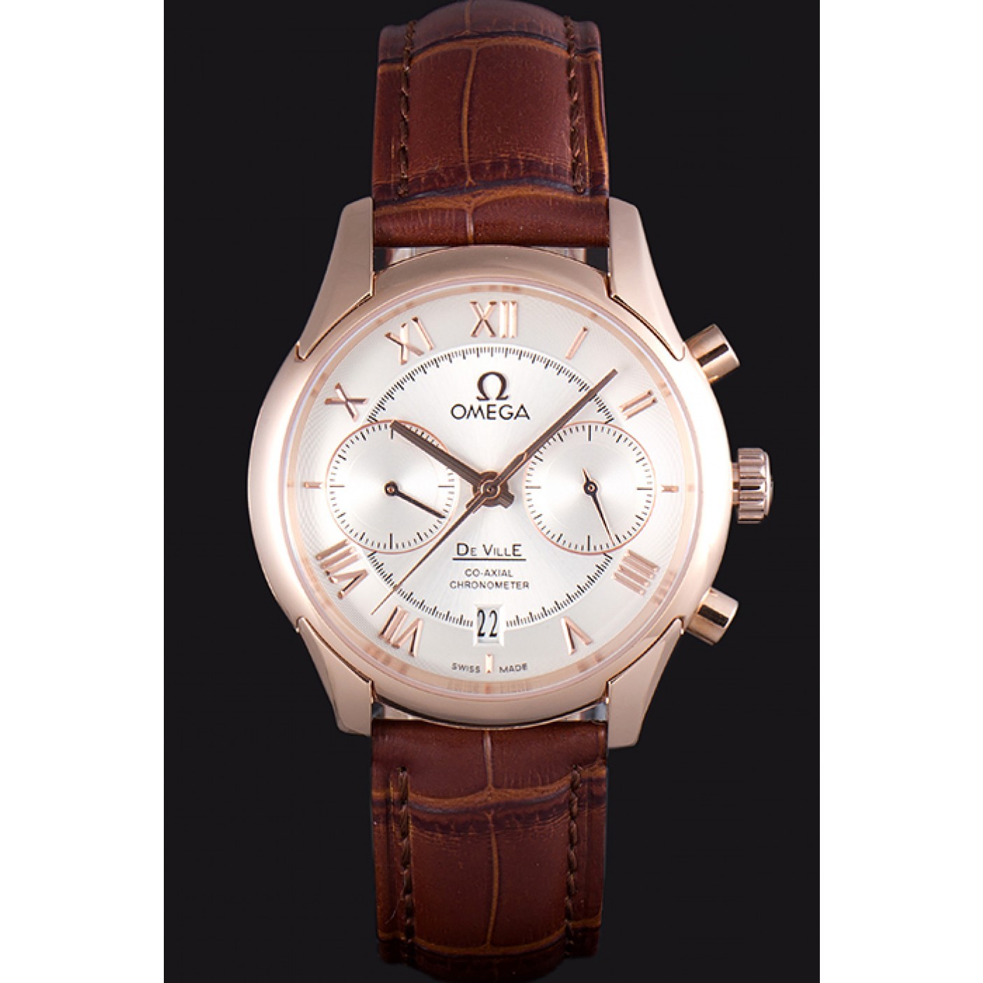 Omega DeVille Rose Gold Bezel with White Dial and Brown Leather Strap 621570