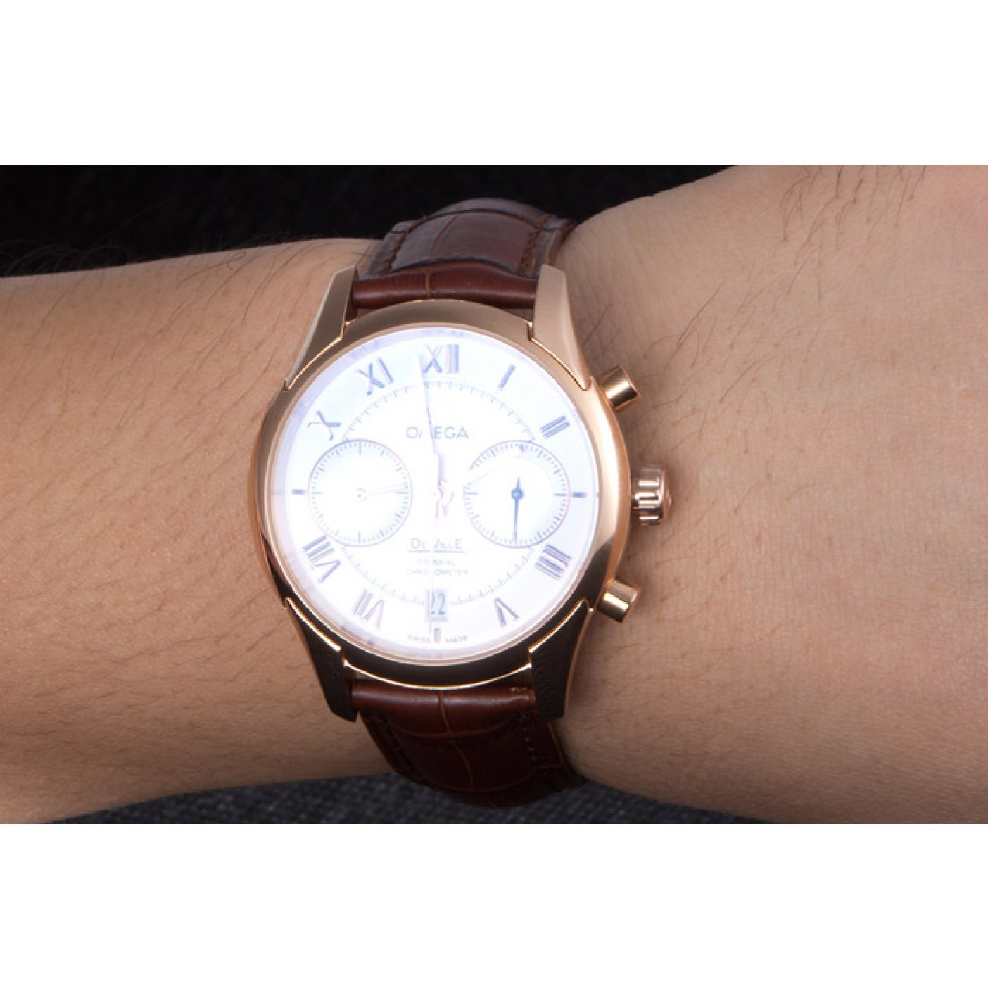 Omega DeVille Rose Gold Bezel with White Dial and Brown Leather Strap 621570