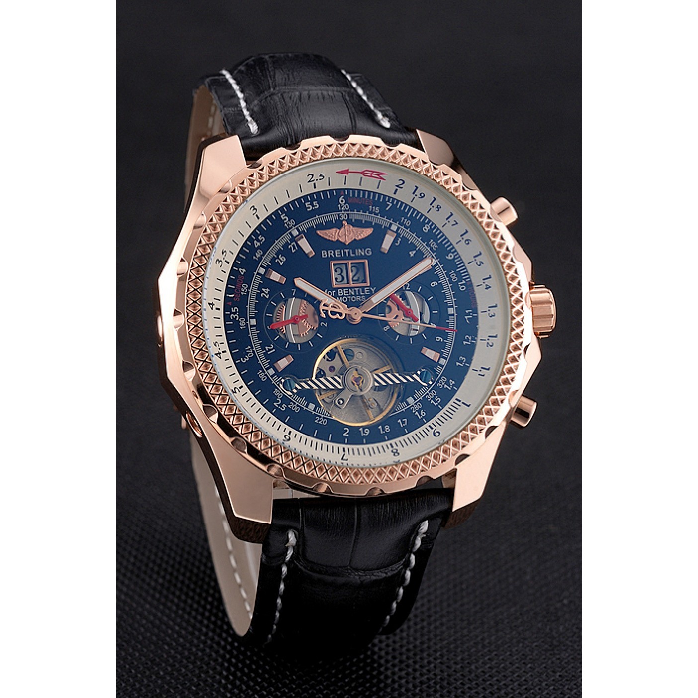 Breitling For Bentley Mulliner Tourbillon Black Dial Rose Gold Case Black Leather Strap