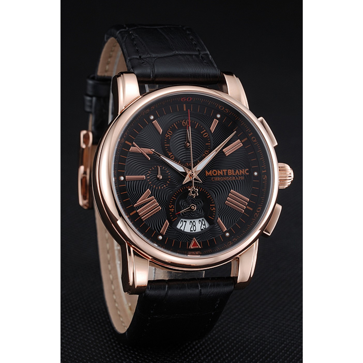 Montblanc Chronograph Black Dial Black Leather Bracelet Rose-Gold Case 1454110