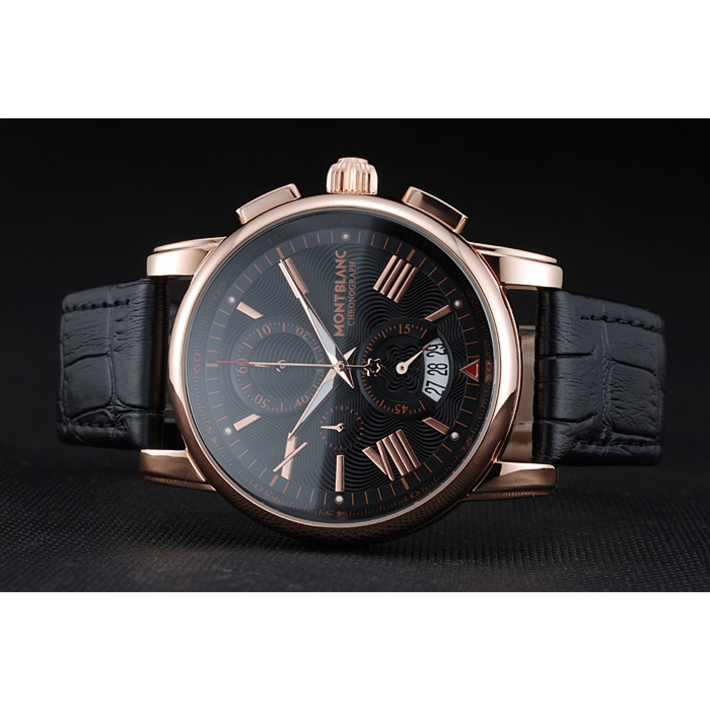 Montblanc Chronograph Black Dial Black Leather Bracelet Rose-Gold Case 1454110