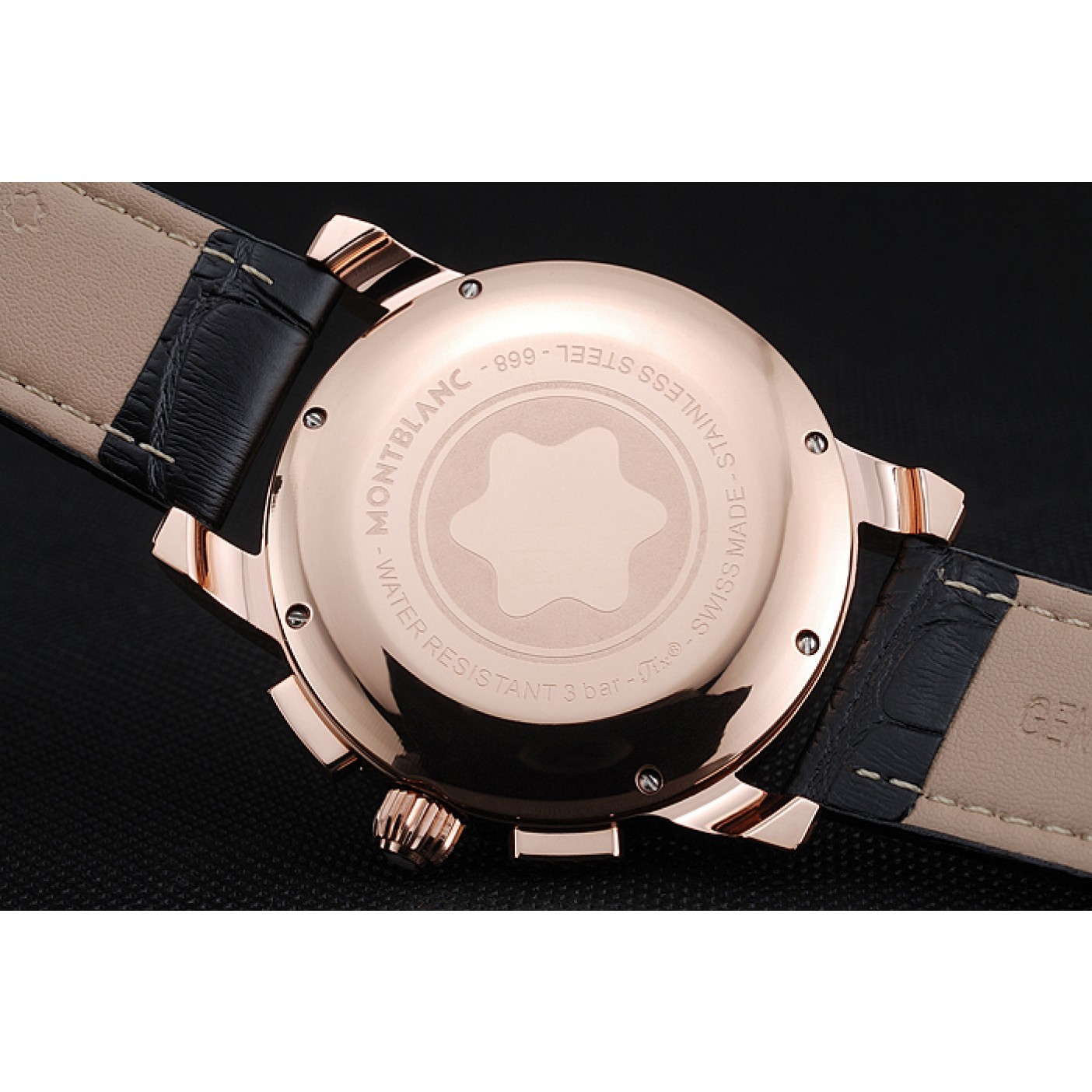 Montblanc Chronograph Black Dial Black Leather Bracelet Rose-Gold Case 1454110