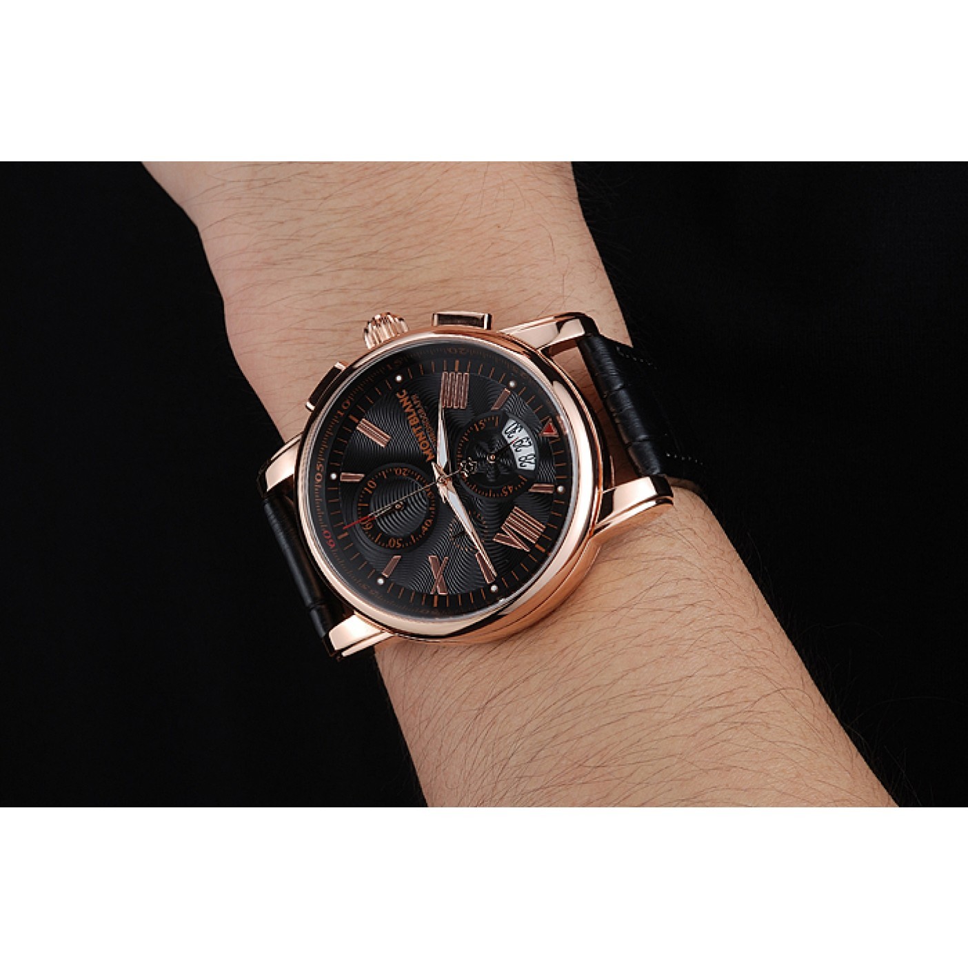 Montblanc Chronograph Black Dial Black Leather Bracelet Rose-Gold Case 1454110