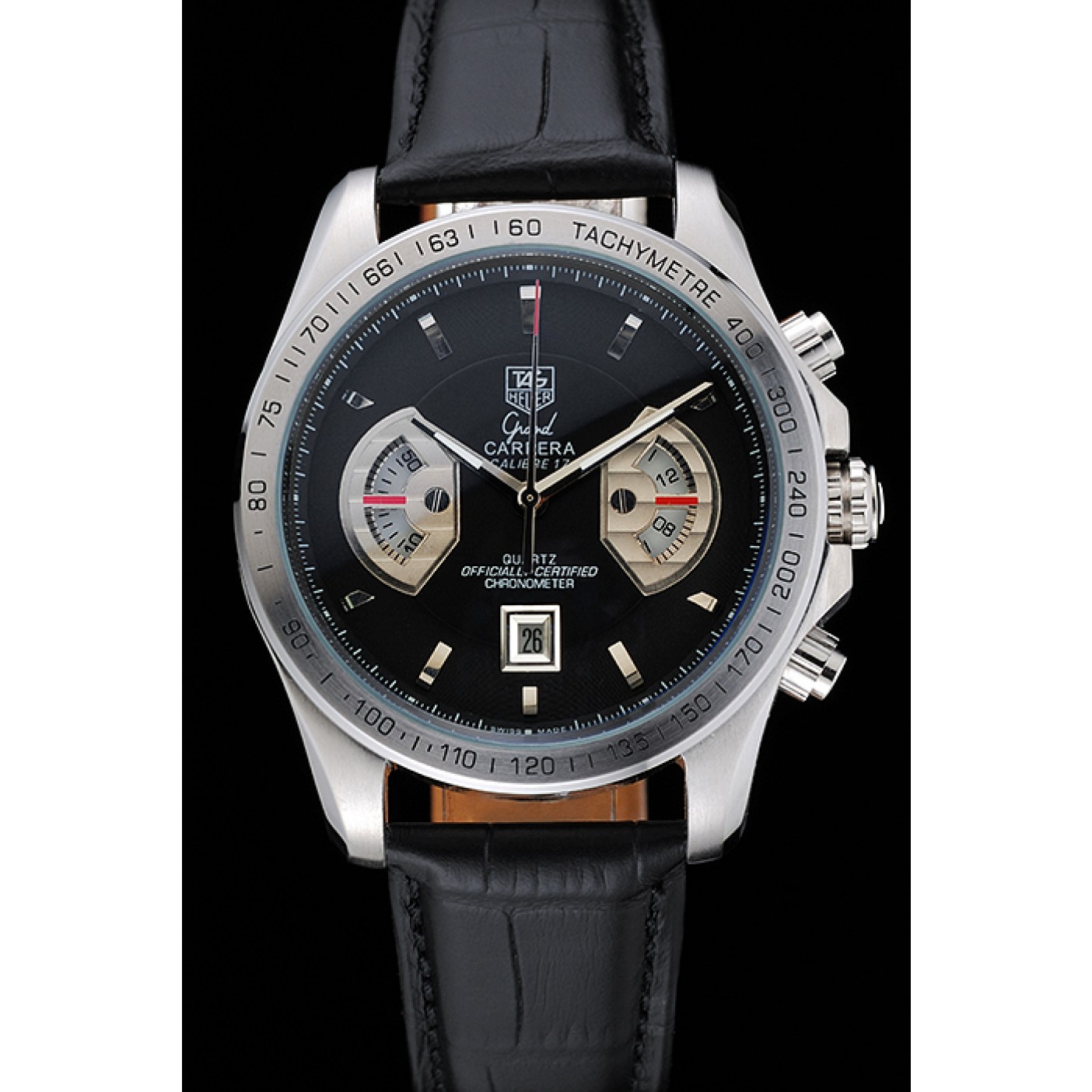 Tag Heuer Carrera Tachymeter Bezel Black Dial Black Leather Strap